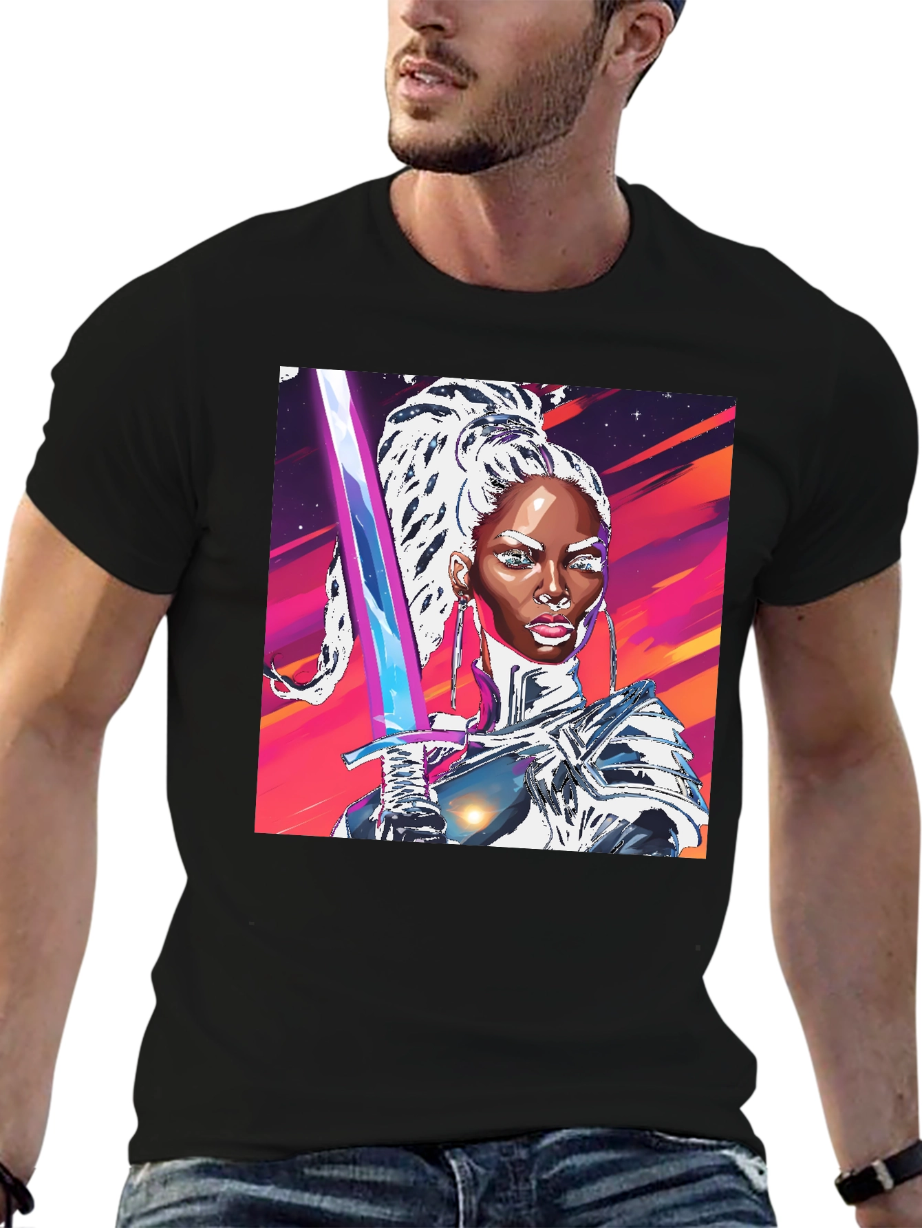 Futuristic Warrior Graphic Tee - Black