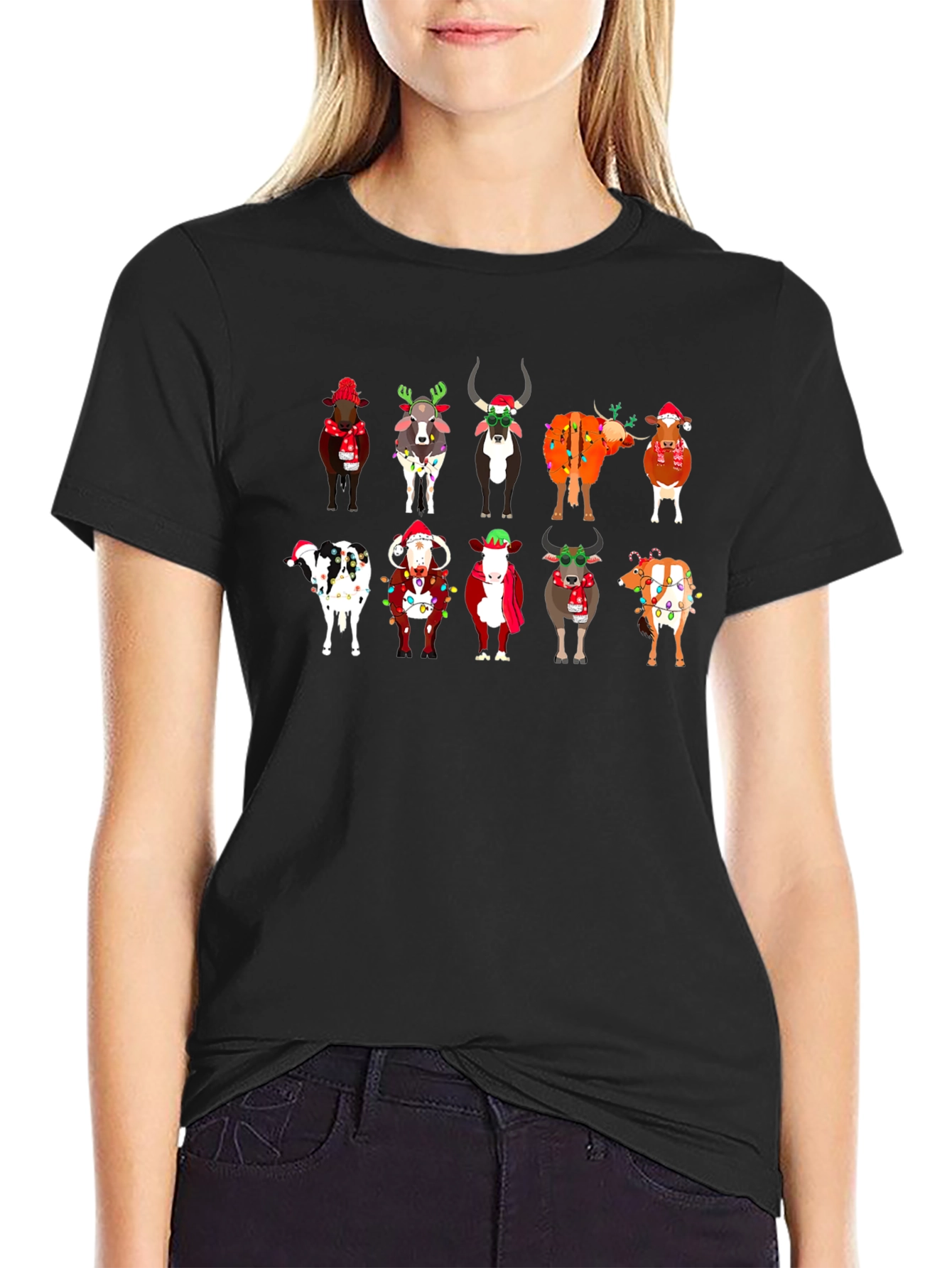 Festive Christmas Cows Black T-Shirt