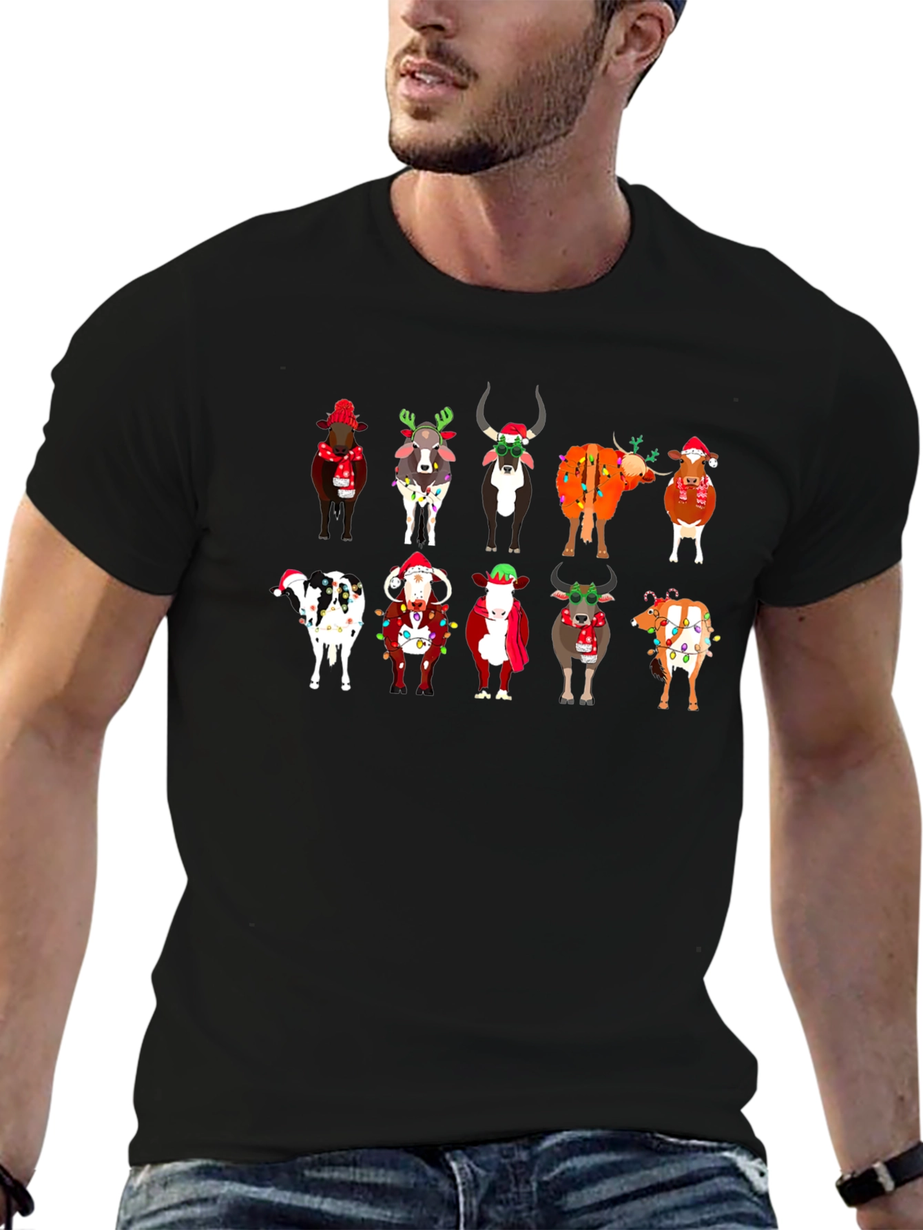 Festive Christmas Cows Black T-Shirt