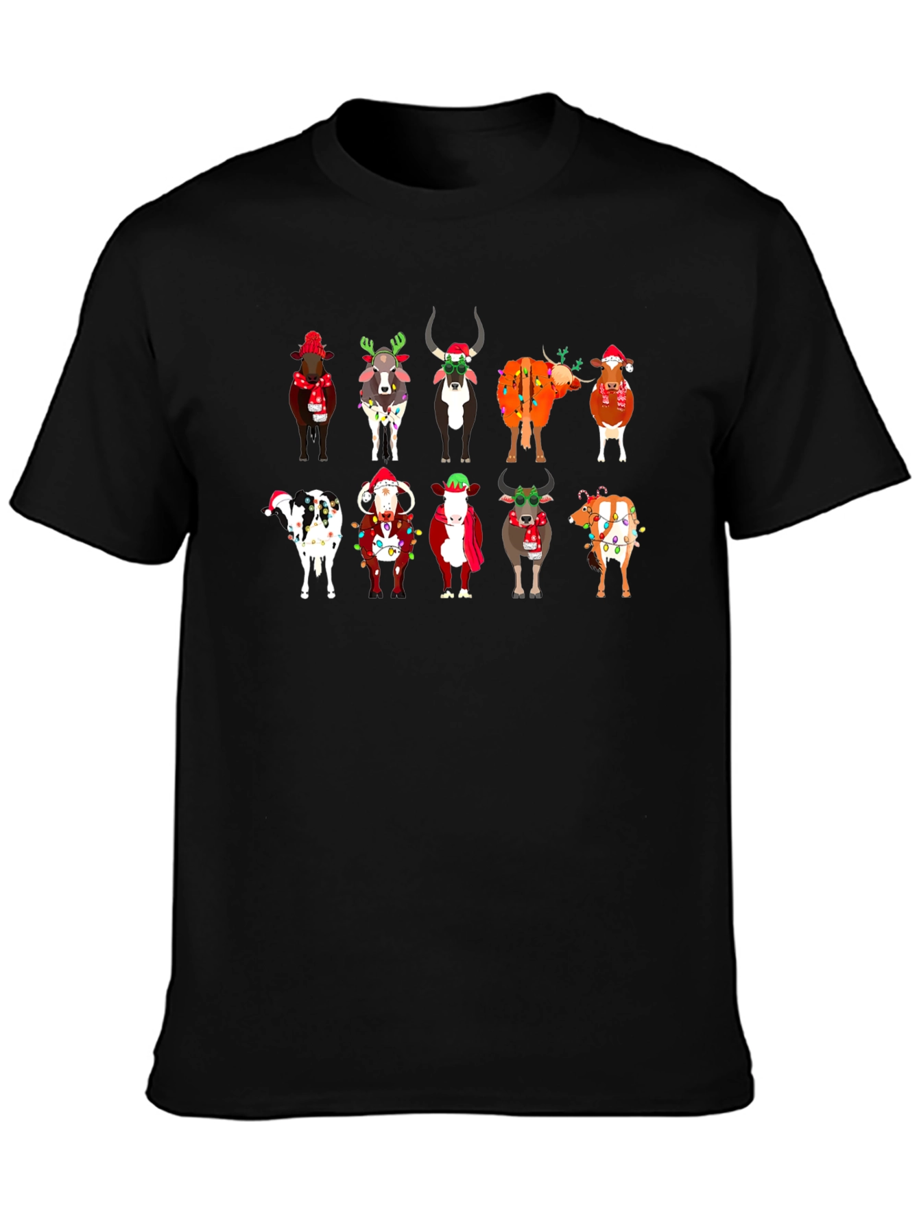 Festive Christmas Cows Black T-Shirt