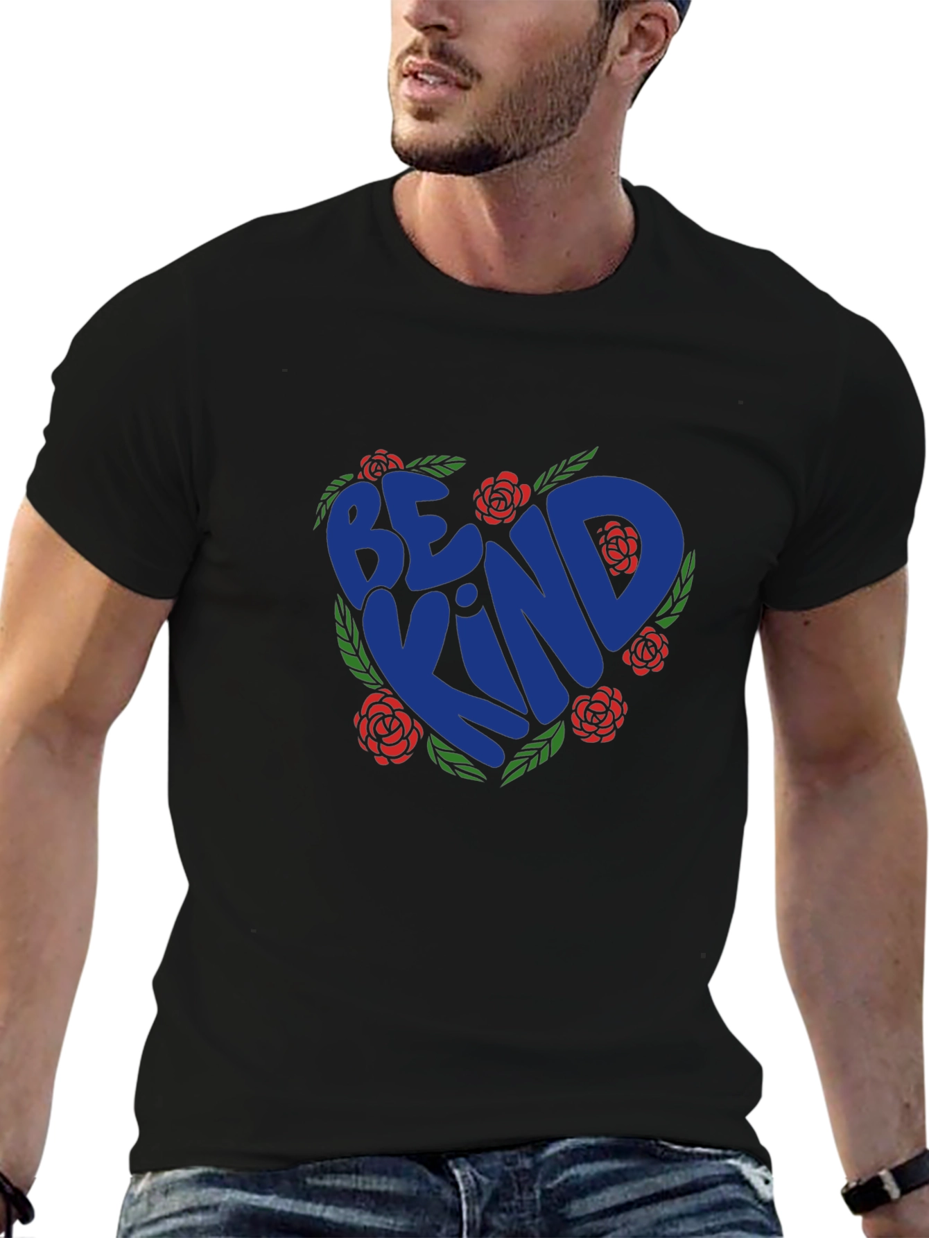 Be Kind Heart Rose Graphic T-Shirt - Black