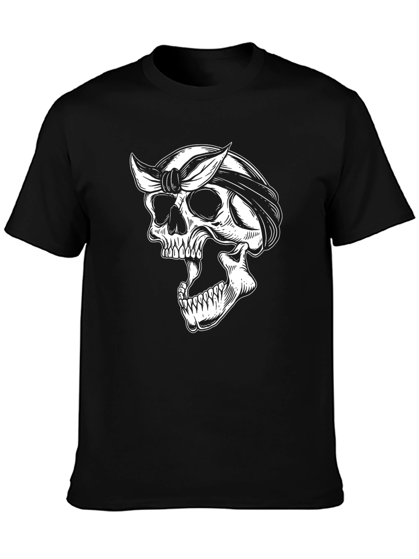 Skull Bandana Graphic Tee - Black Cotton T-Shirt