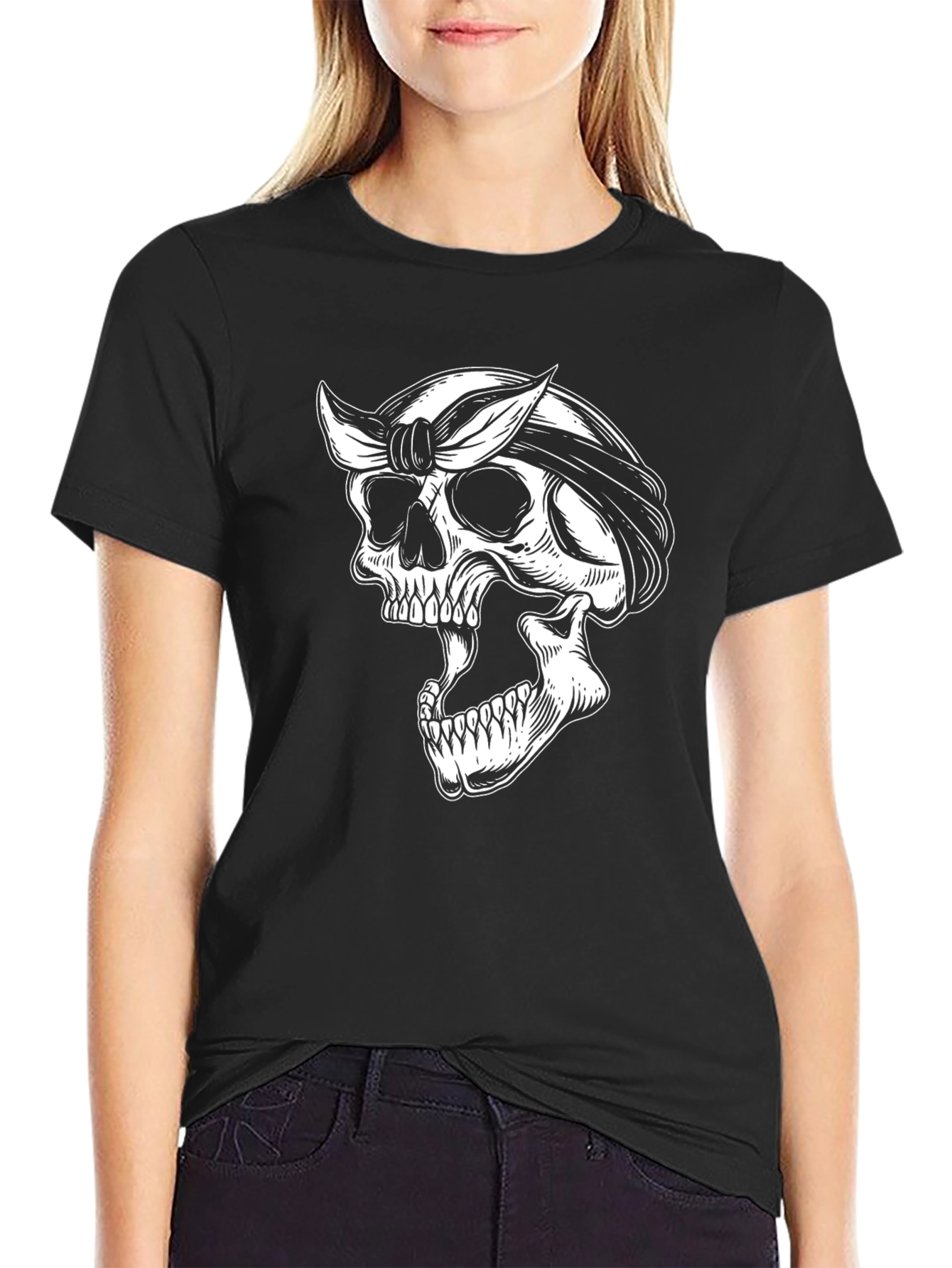 Skull Bandana Graphic Tee - Black Cotton T-Shirt