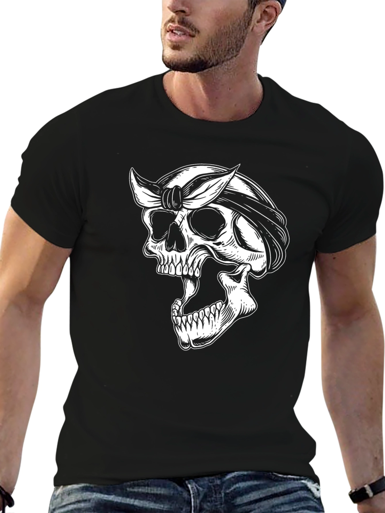 Skull Bandana Graphic Tee - Black Cotton T-Shirt