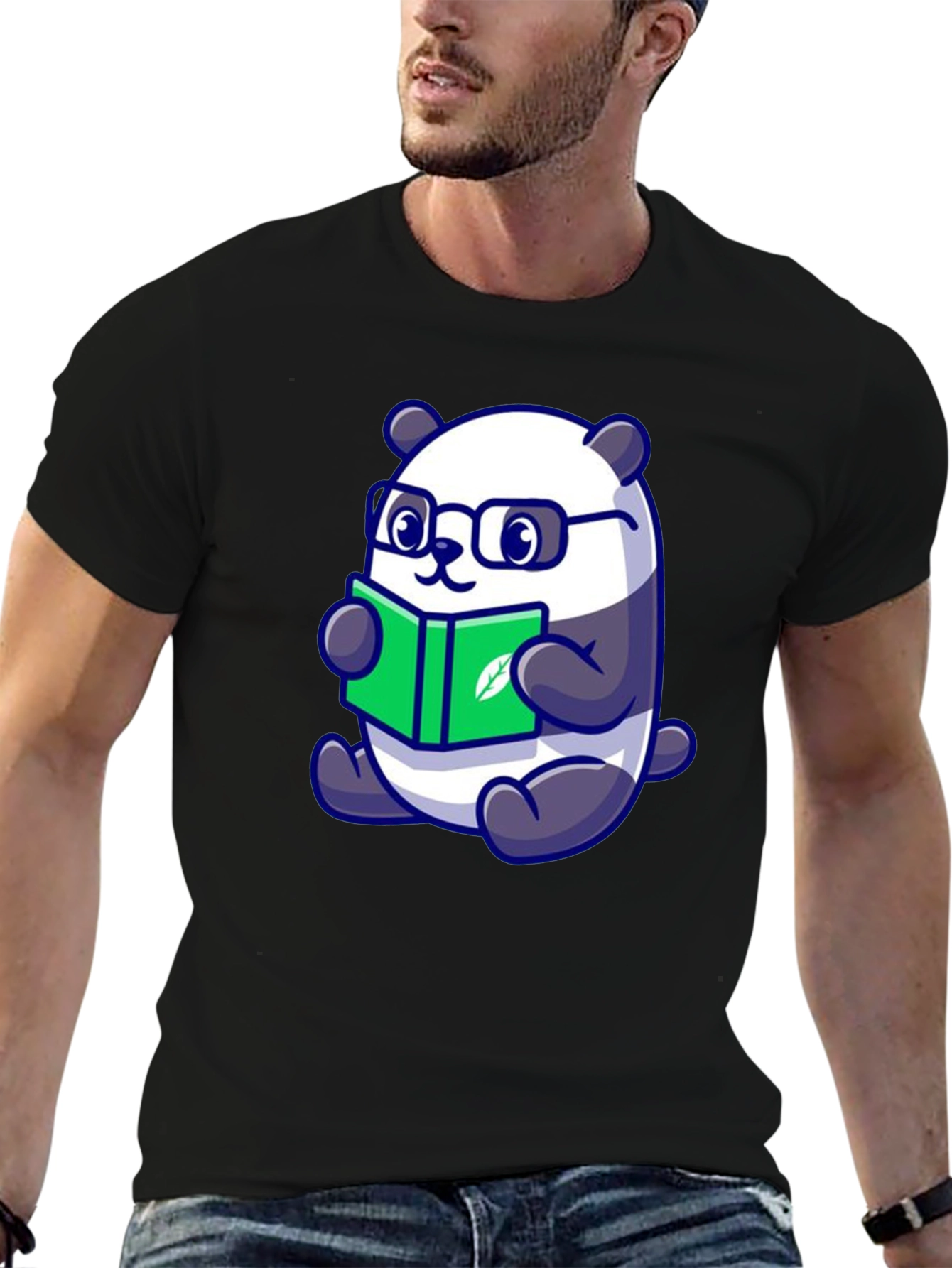 Cute Panda Reading Book Graphic Tee - Black