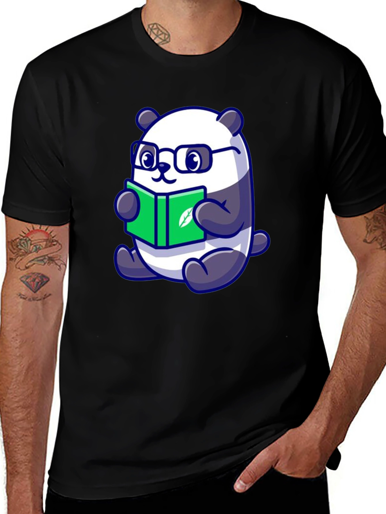 Cute Panda Reading Book Graphic Tee - Black