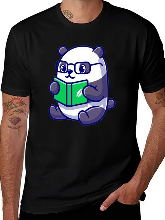 Cute Panda Reading Book Graphic Tee - Black