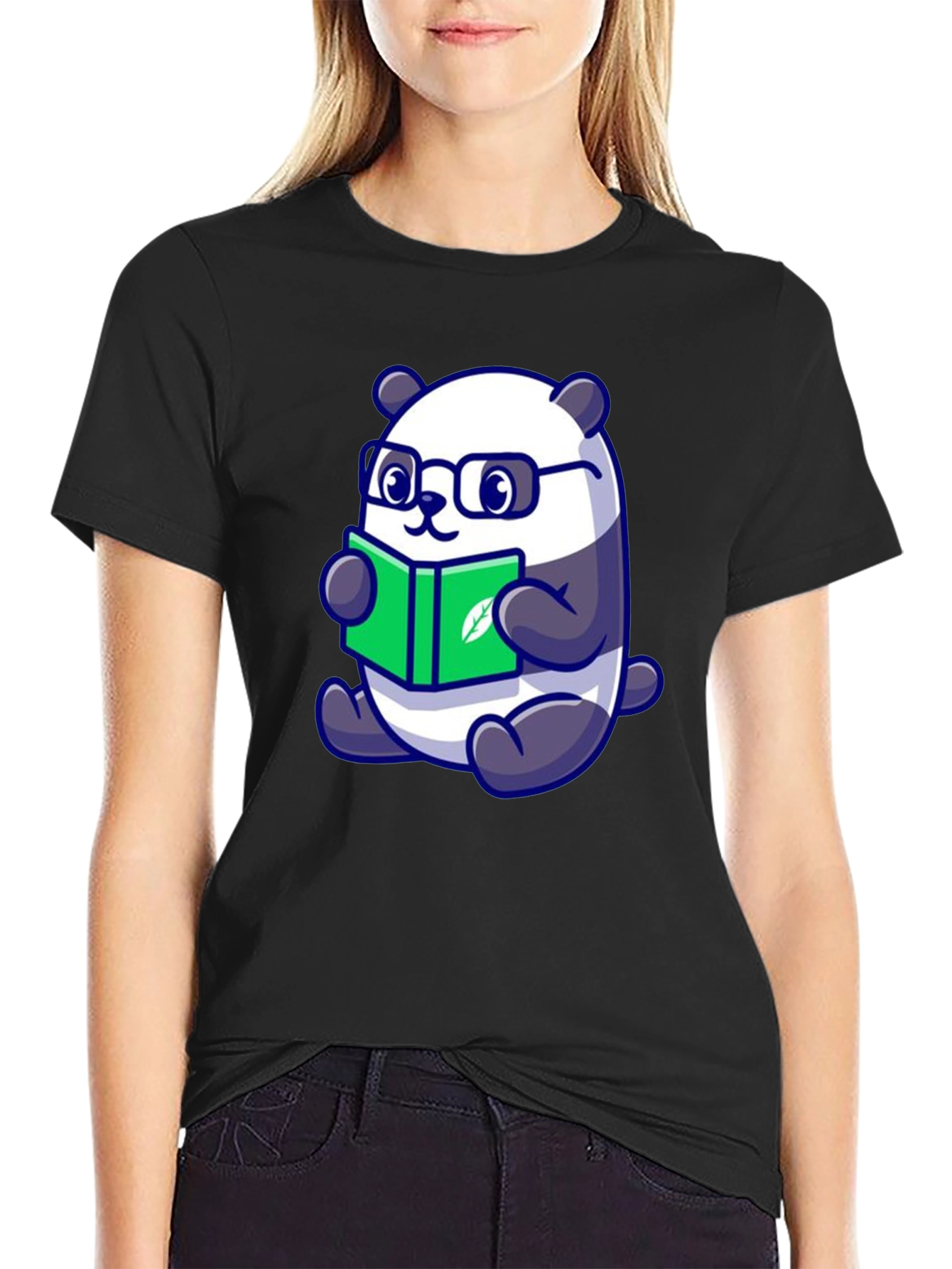 Cute Panda Reading Book Graphic Tee - Black