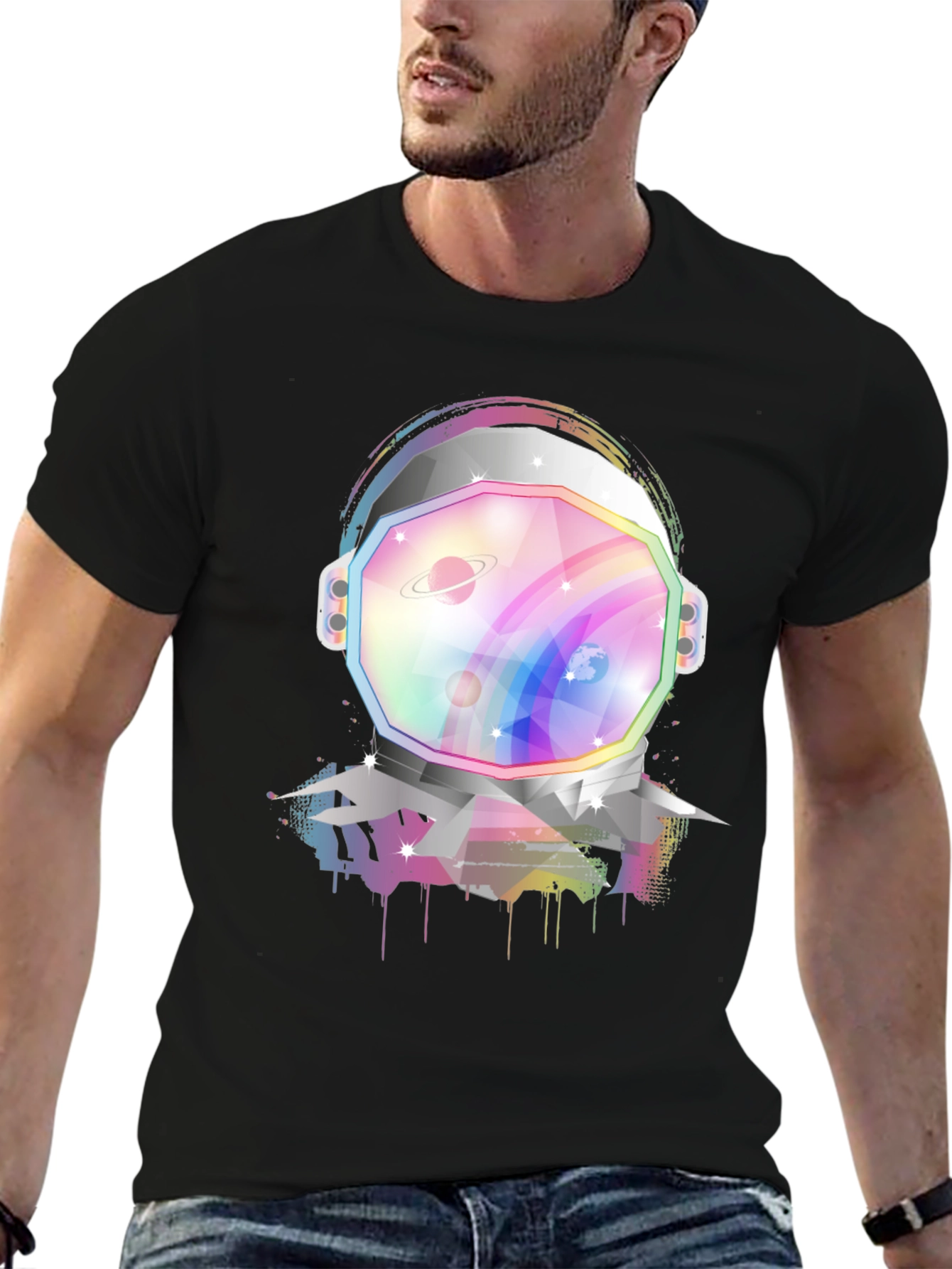 Astronaut Helmet Graphic Tee - Rainbow Space Design