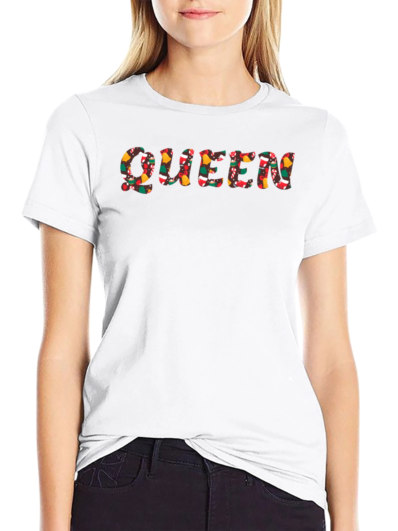 Queen Christmas Pattern Black Crew Neck T-Shirt