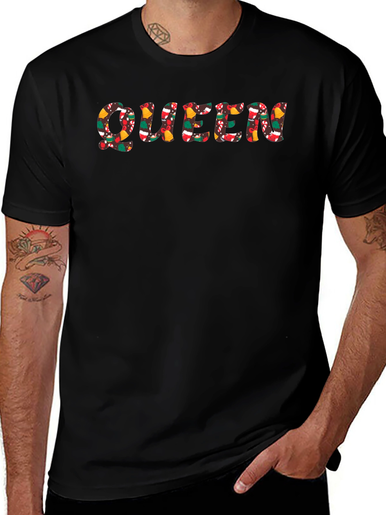 Queen Christmas Pattern Black Crew Neck T-Shirt