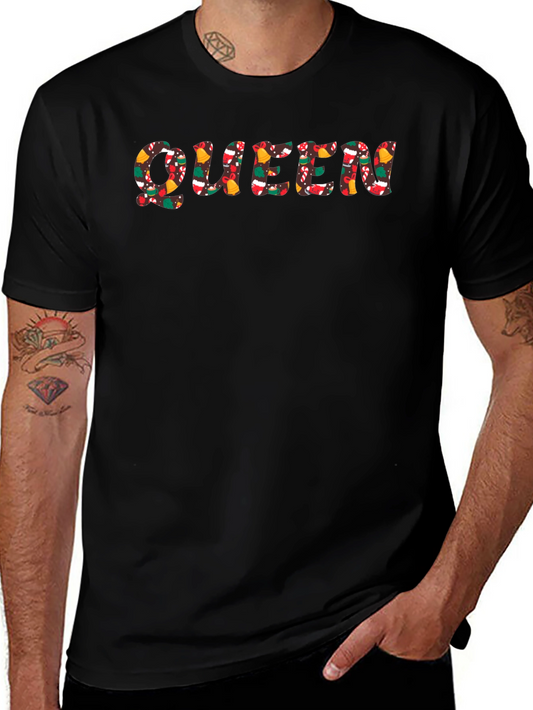 Queen Christmas Pattern Black Crew Neck T-Shirt