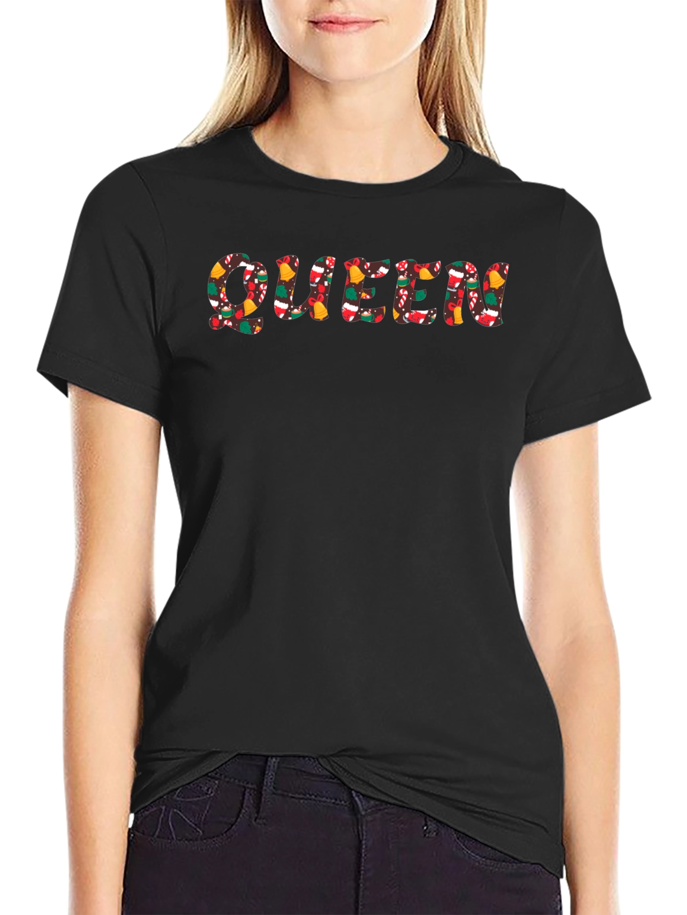 Queen Christmas Pattern Black Crew Neck T-Shirt