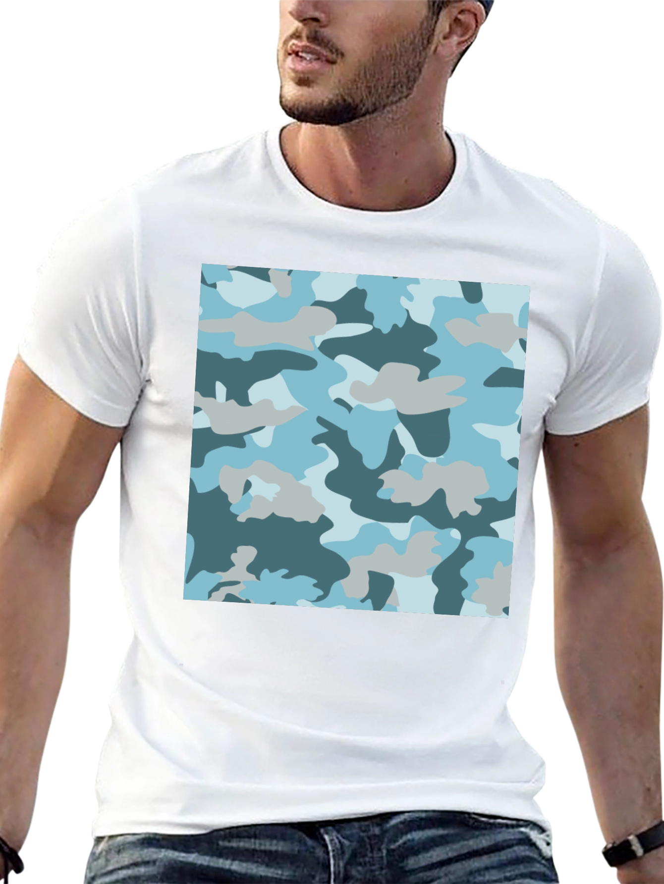 Blue Camo Print Black T-Shirt - Stylish Casual Wear