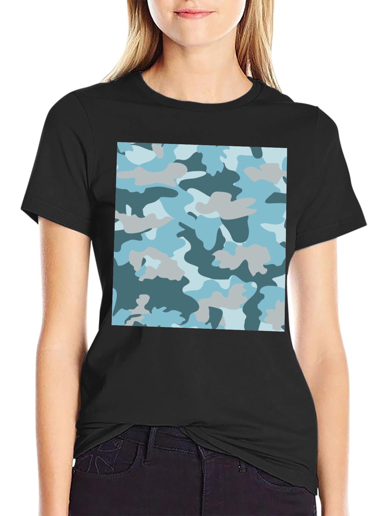 Blue Camo Print Black T-Shirt - Stylish Casual Wear