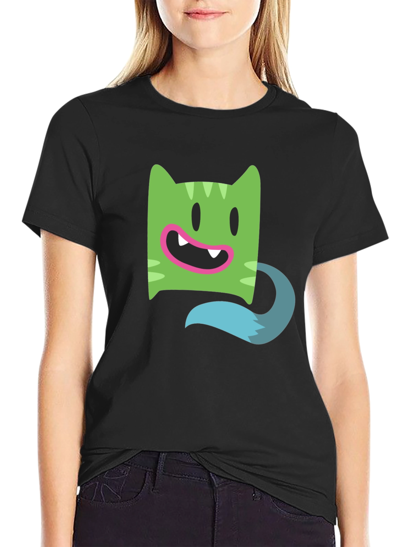 Cartoon Character Black Cotton T-Shirt