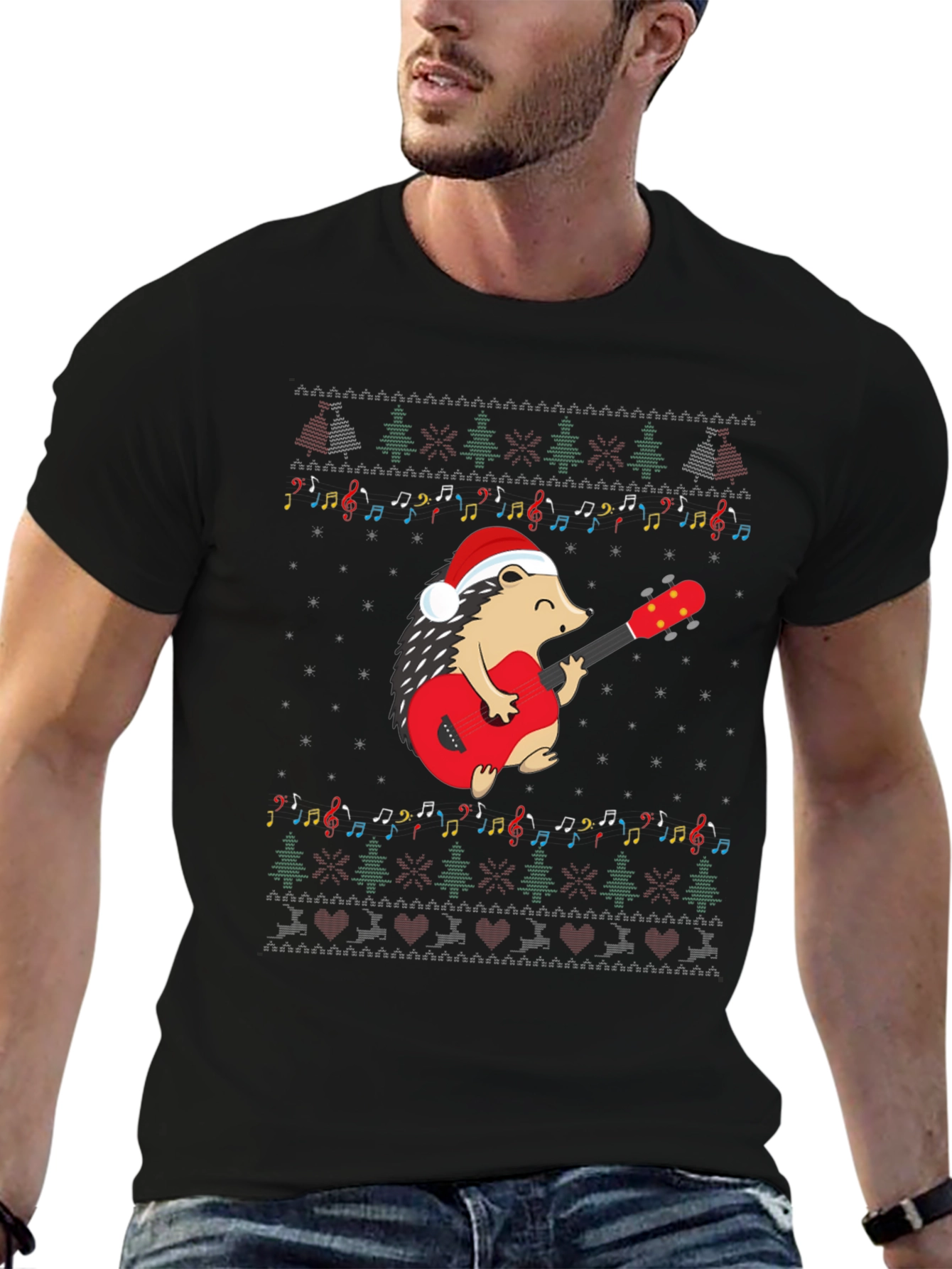 Festive Hedgehog Guitarist Christmas T-Shirt