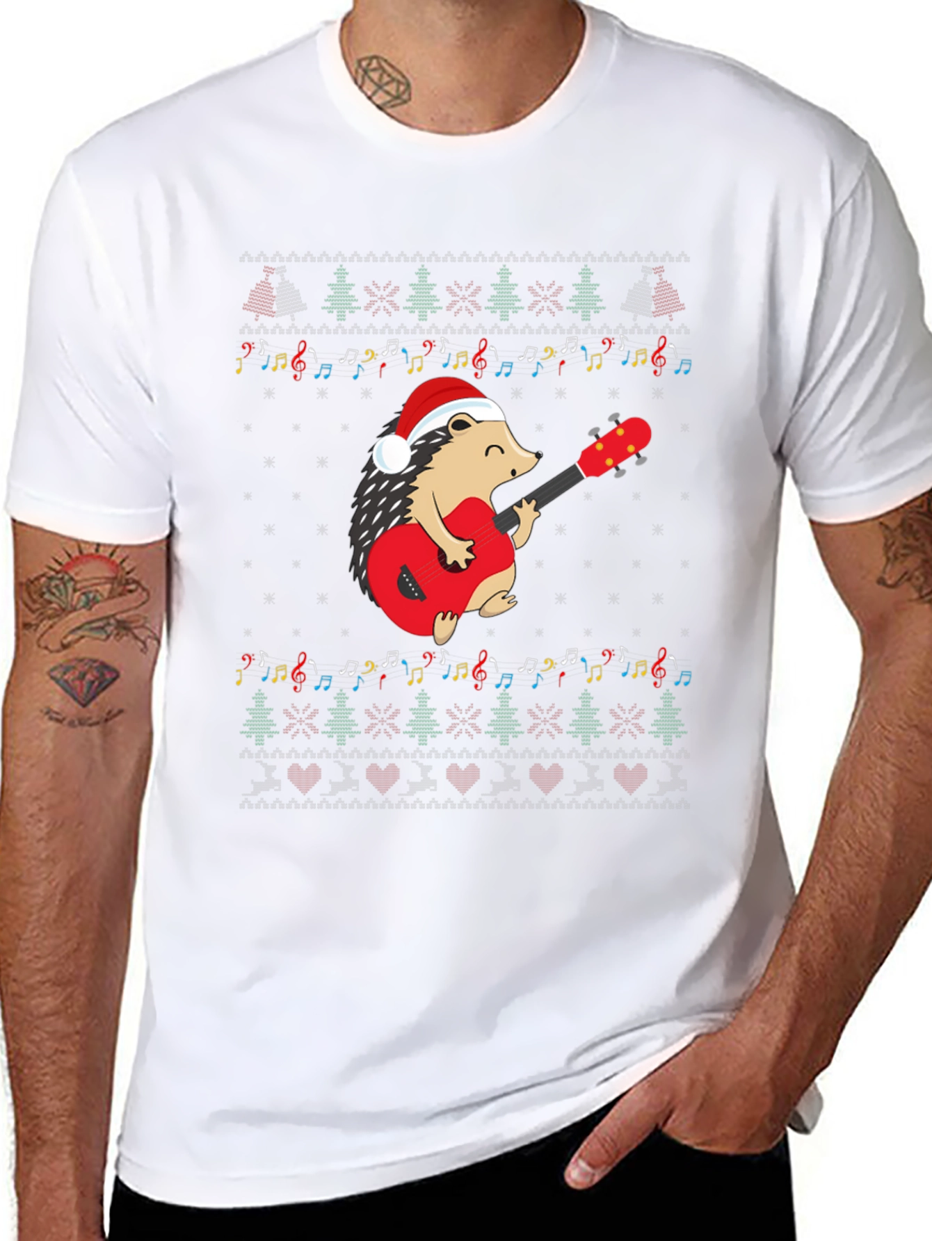 Festive Hedgehog Guitarist Christmas T-Shirt
