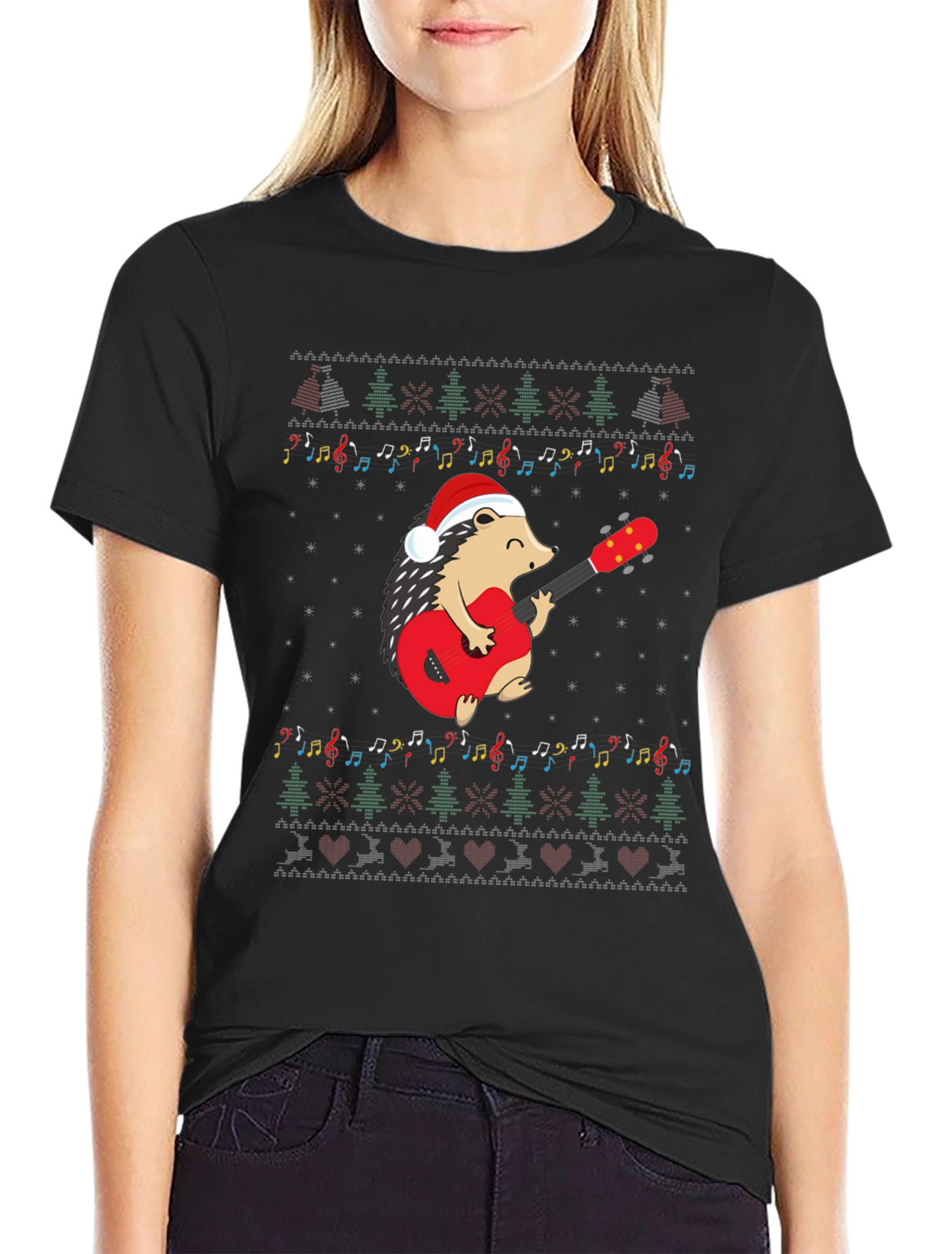 Festive Hedgehog Guitarist Christmas T-Shirt
