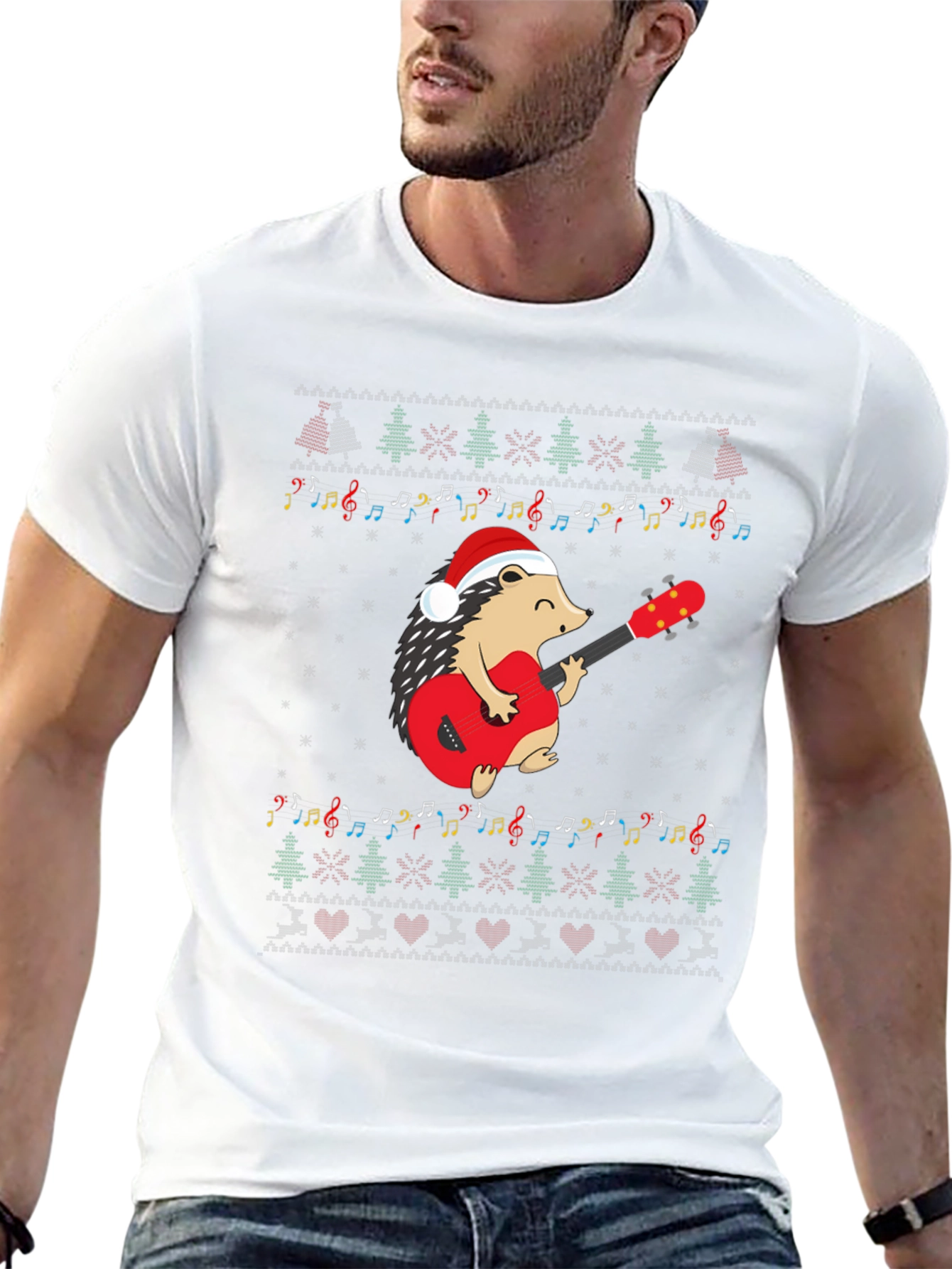 Festive Hedgehog Guitarist Christmas T-Shirt