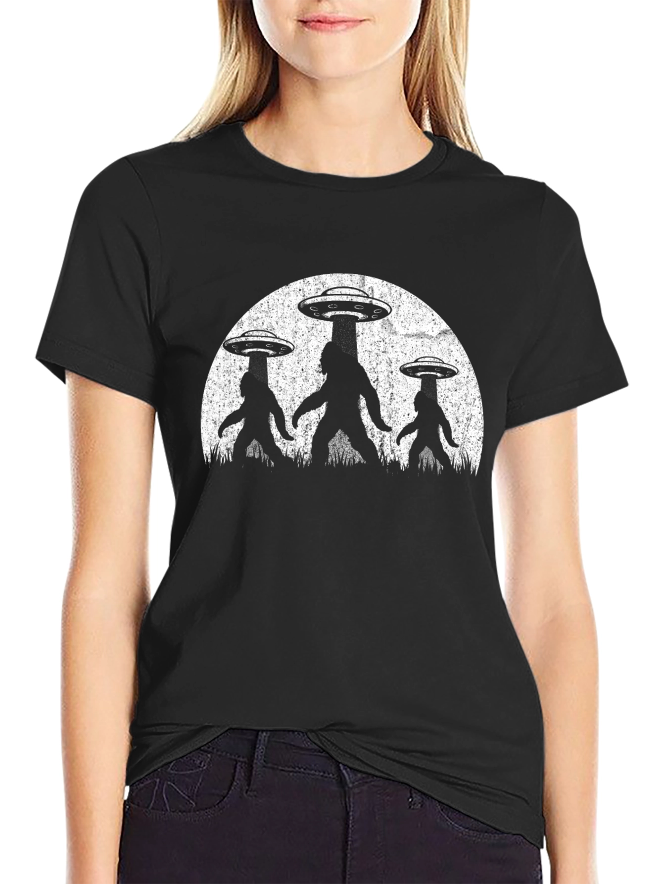 UFO Bigfoot Abduction T-Shirt - Black Alien Tee
