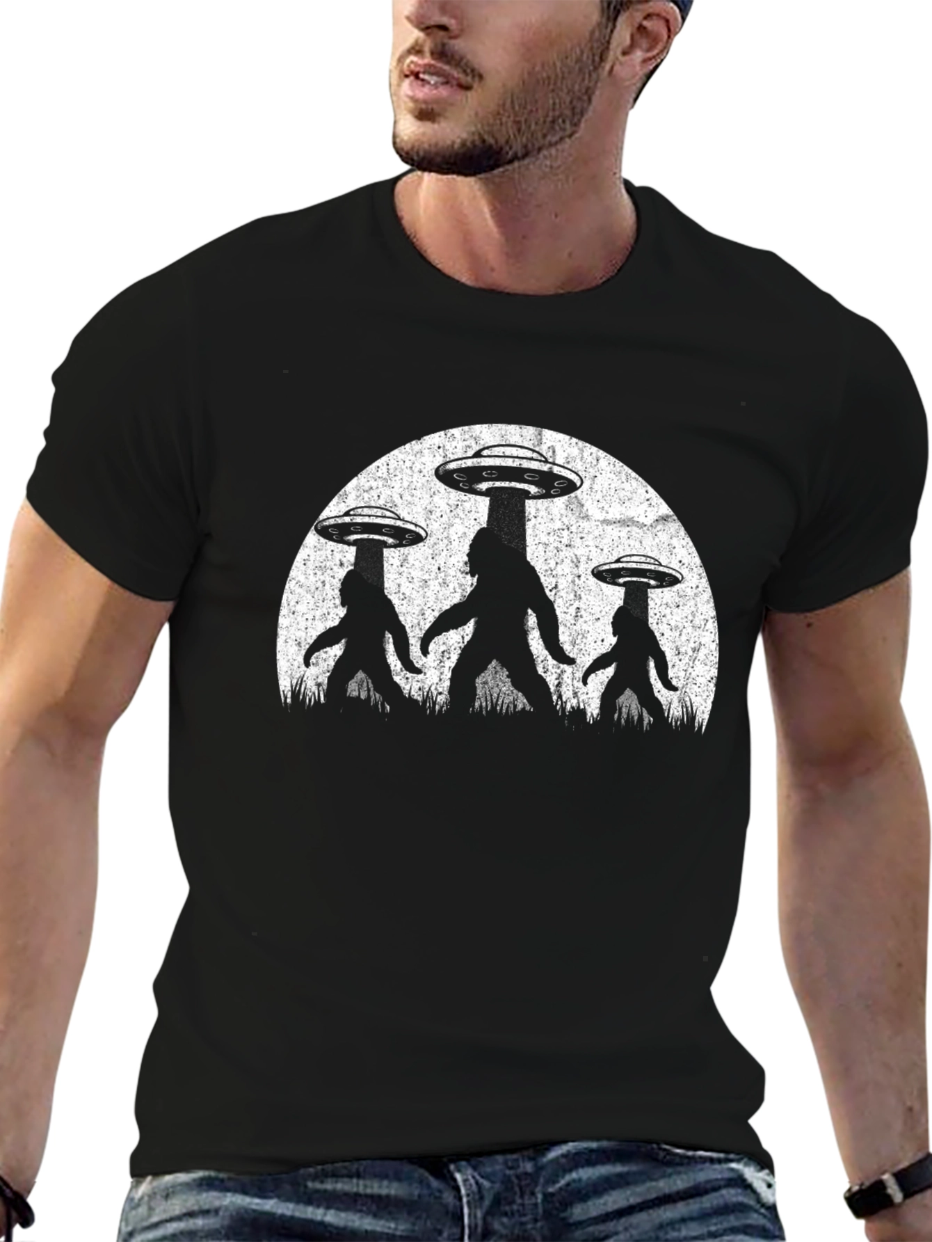 UFO Bigfoot Abduction T-Shirt - Black Alien Tee
