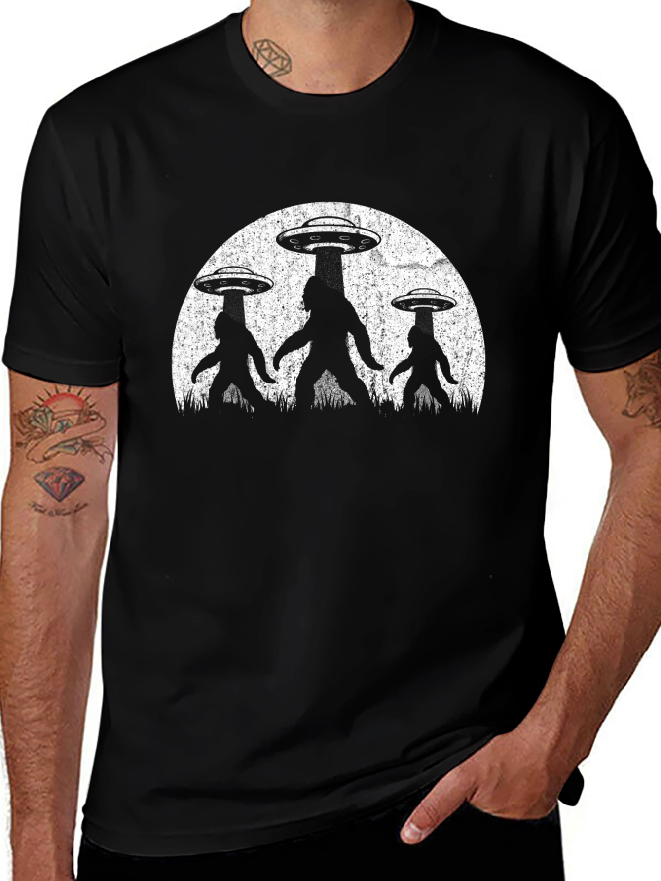 UFO Bigfoot Abduction T-Shirt - Black Alien Tee