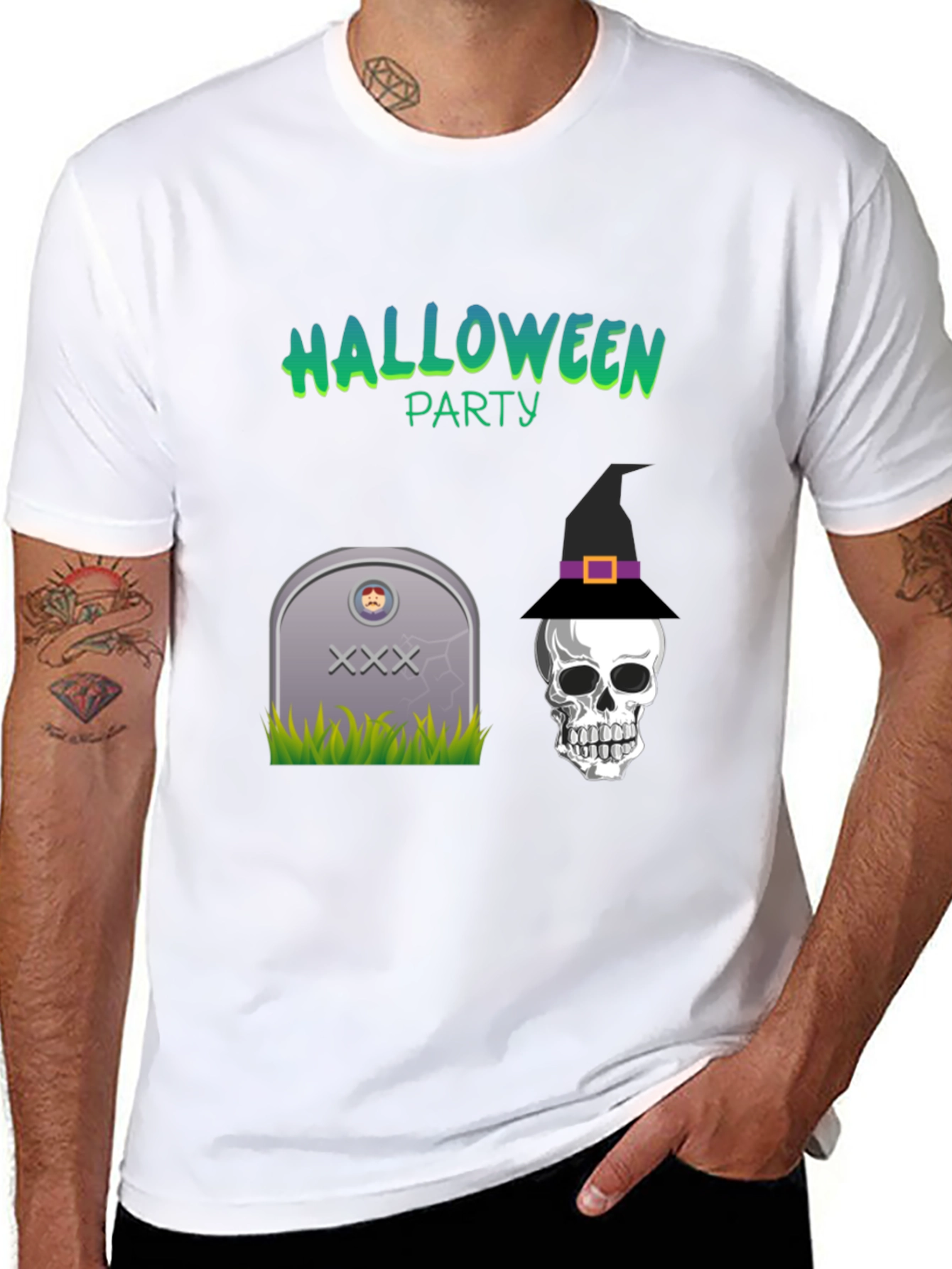 Halloween Party Graphic Tee - Skull & Tombstone Design