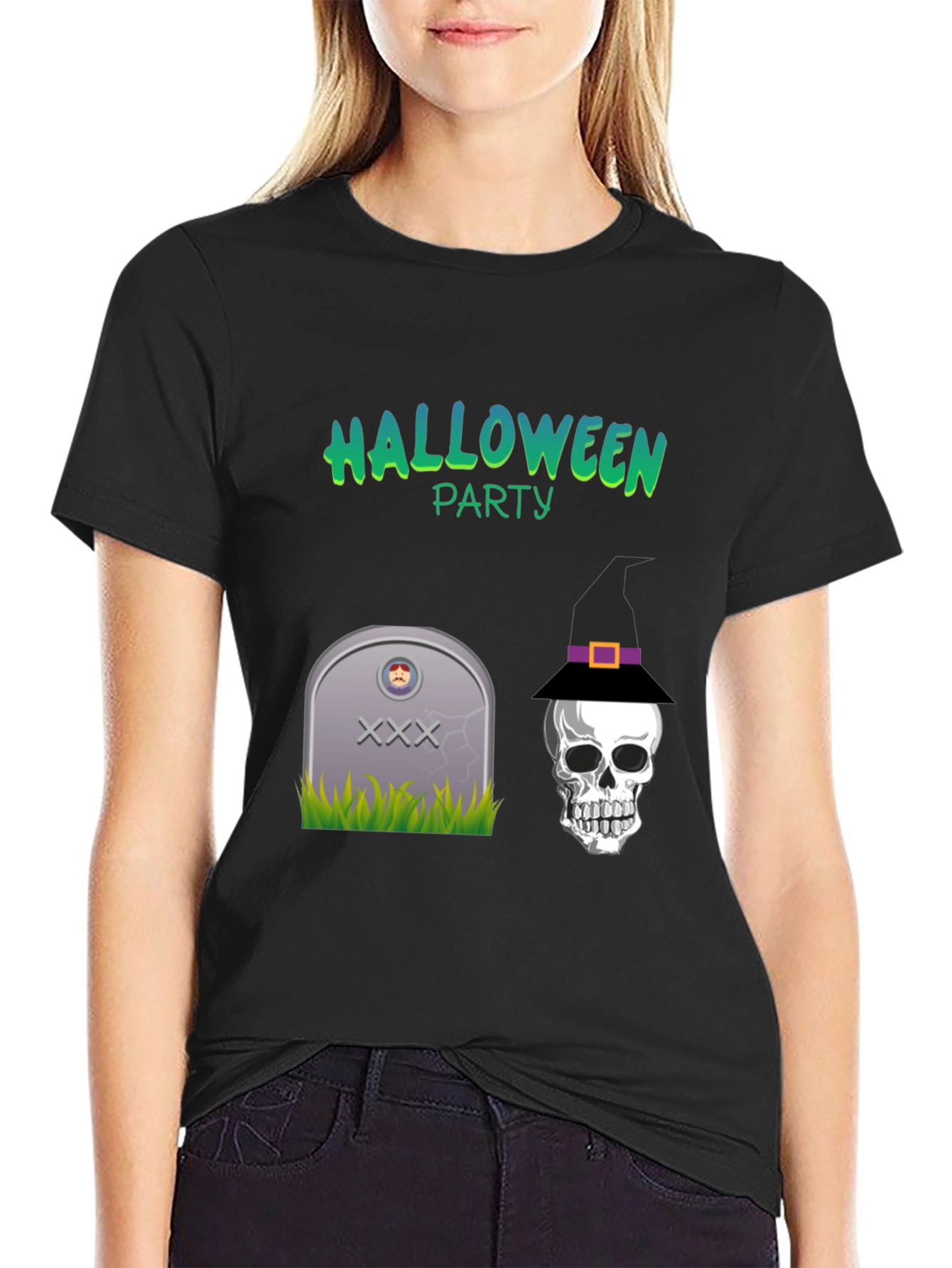 Halloween Party Graphic Tee - Skull & Tombstone Design