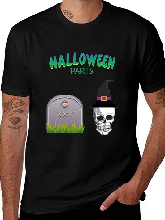 Halloween Party Graphic Tee - Skull & Tombstone Design