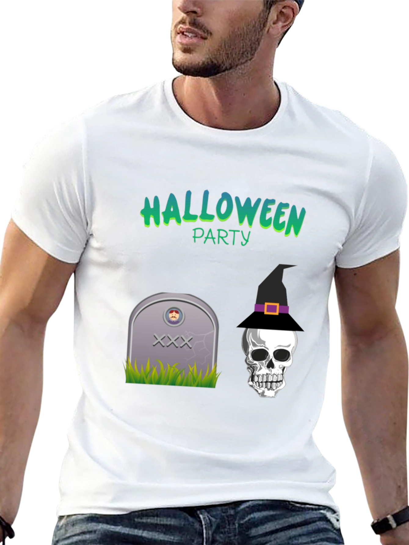 Halloween Party Graphic Tee - Skull & Tombstone Design