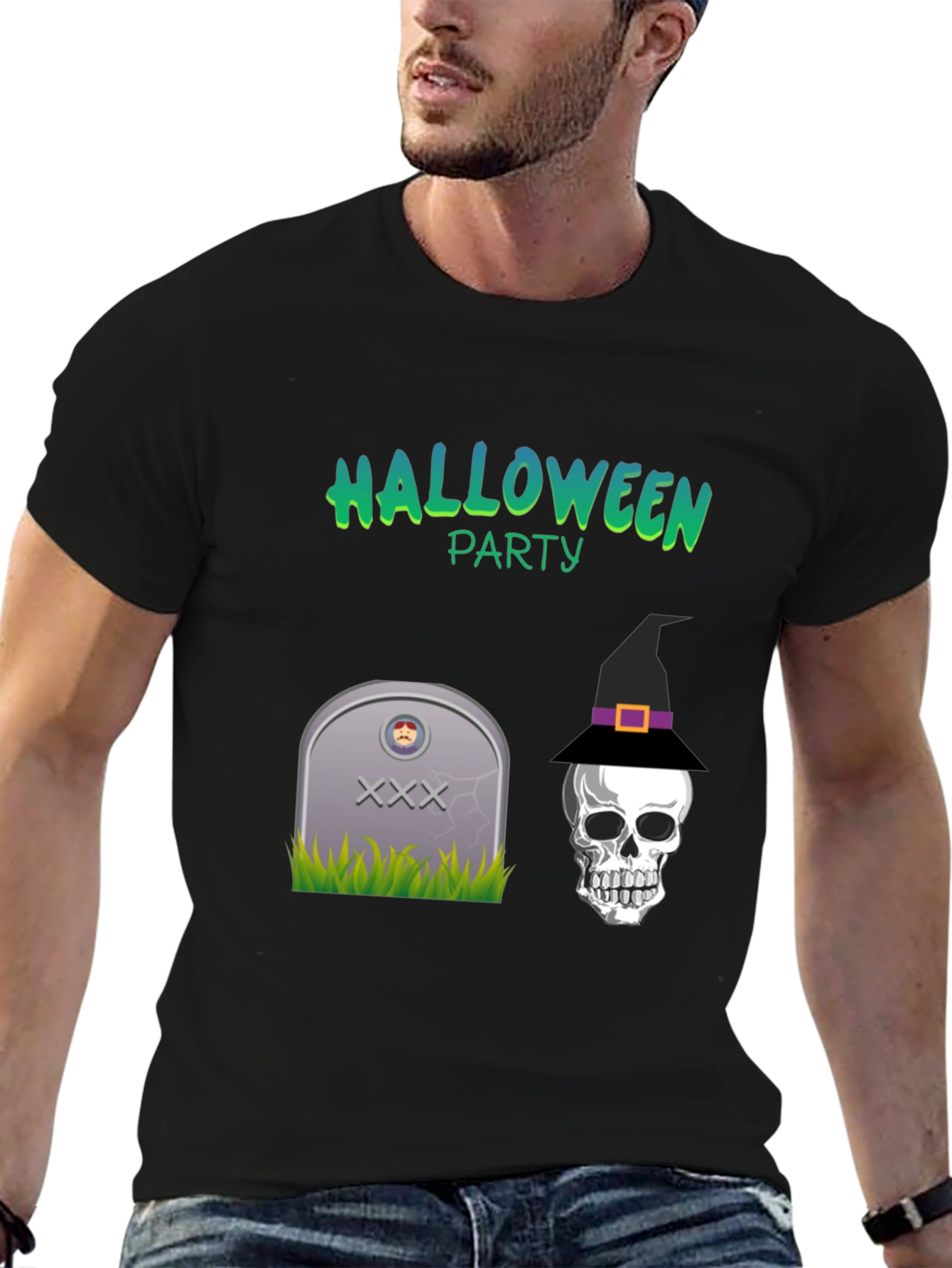 Halloween Party Graphic Tee - Skull & Tombstone Design