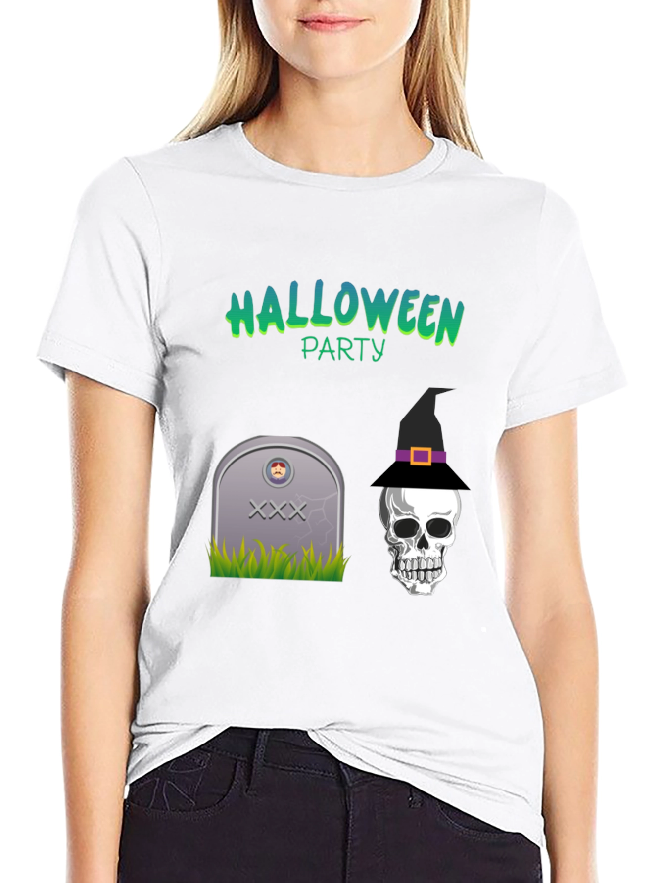 Halloween Party Graphic Tee - Skull & Tombstone Design