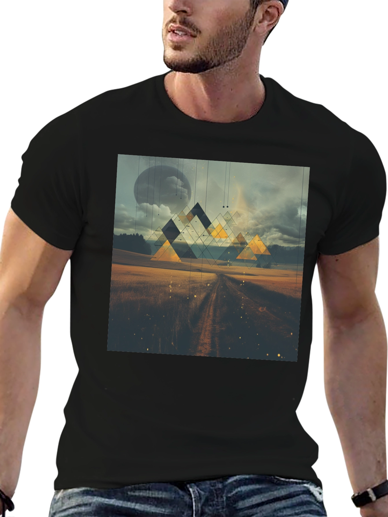 Abstract Geometric Landscape Black T-Shirt