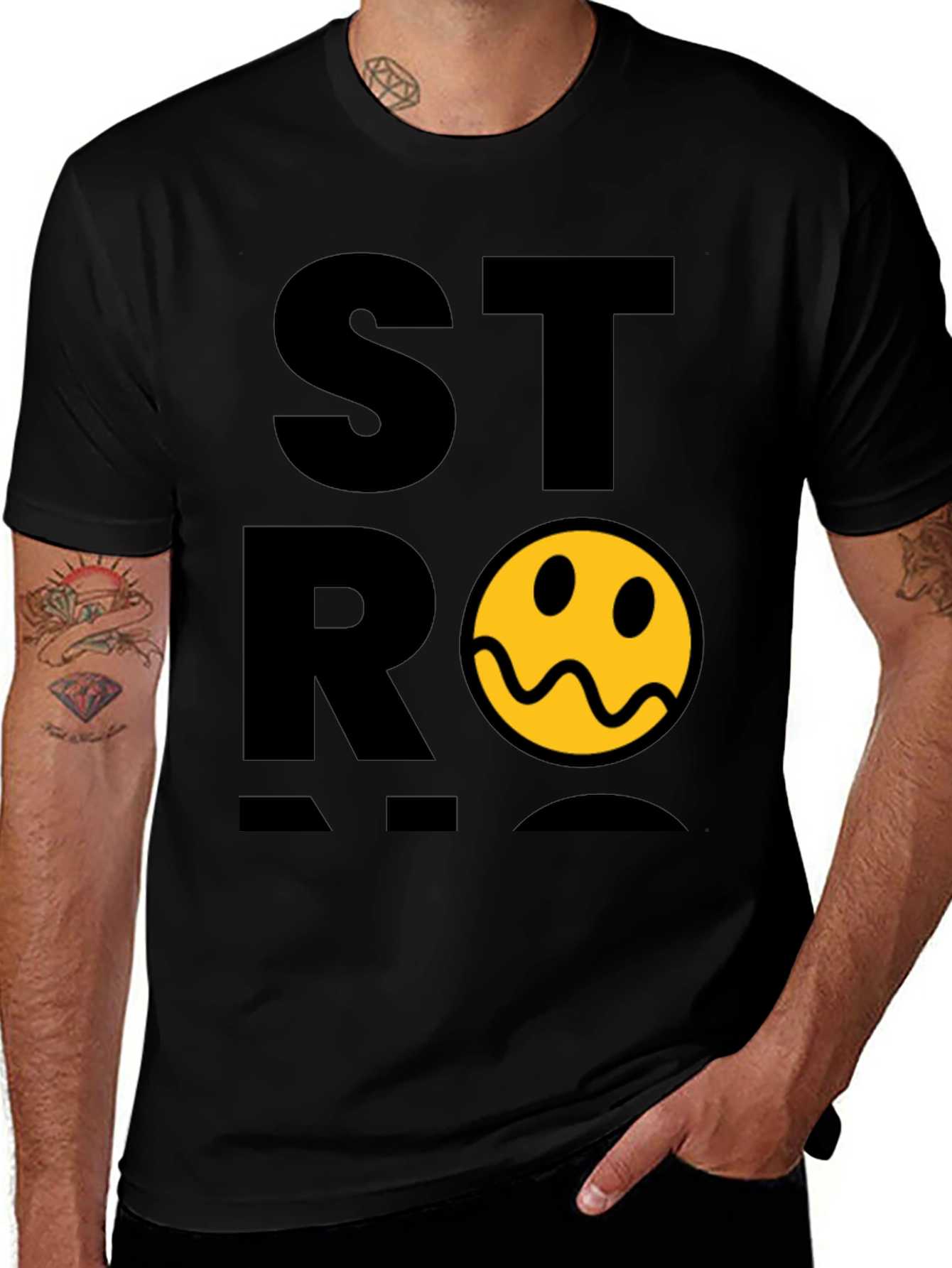 Stylish Black T-Shirt with Distorted Smiley Graphic