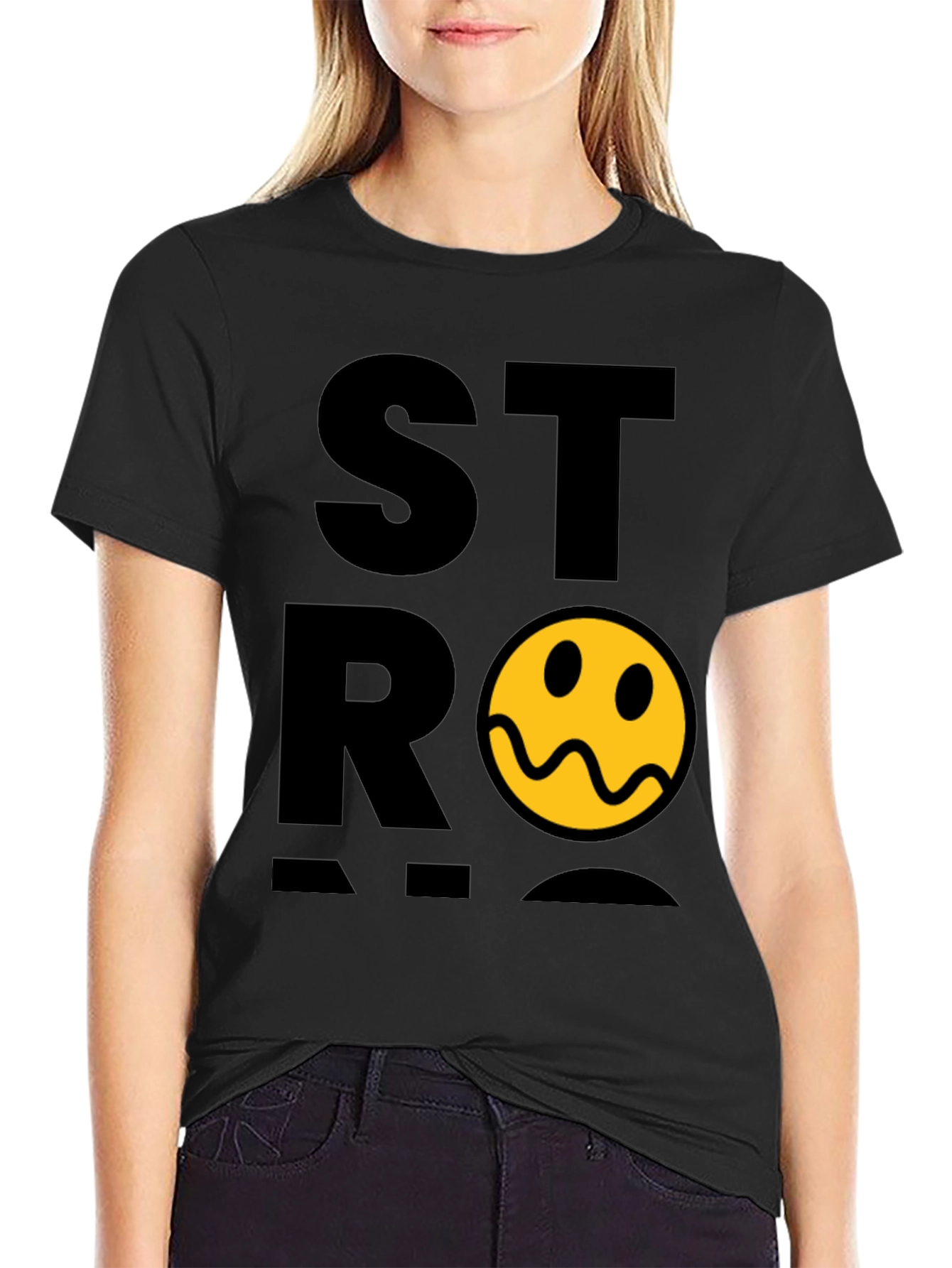 Stylish Black T-Shirt with Distorted Smiley Graphic
