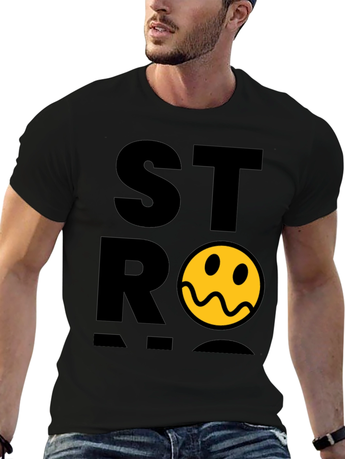 Stylish Black T-Shirt with Distorted Smiley Graphic