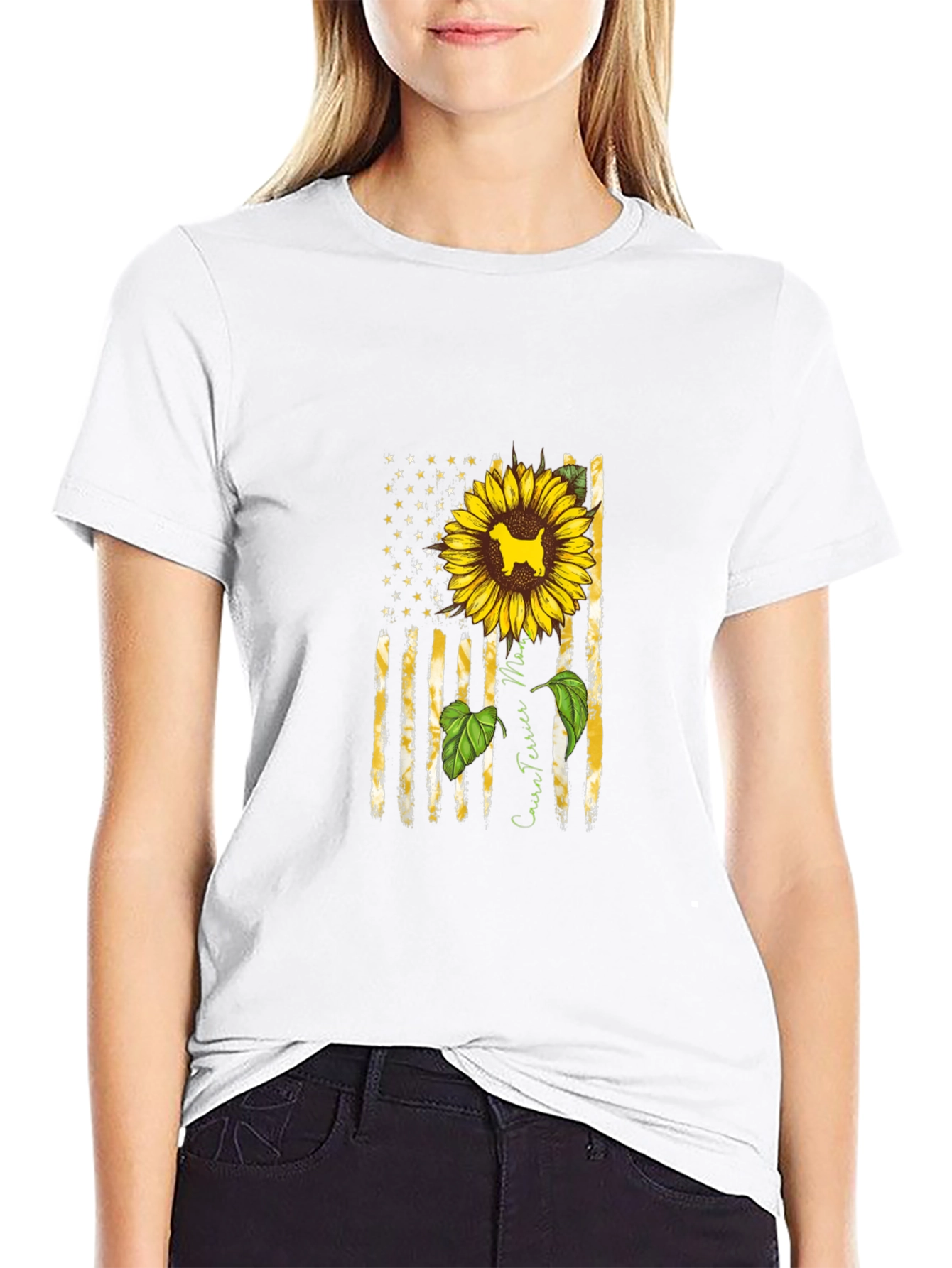 Cairn Terrier Sunflower American Flag T-Shirt