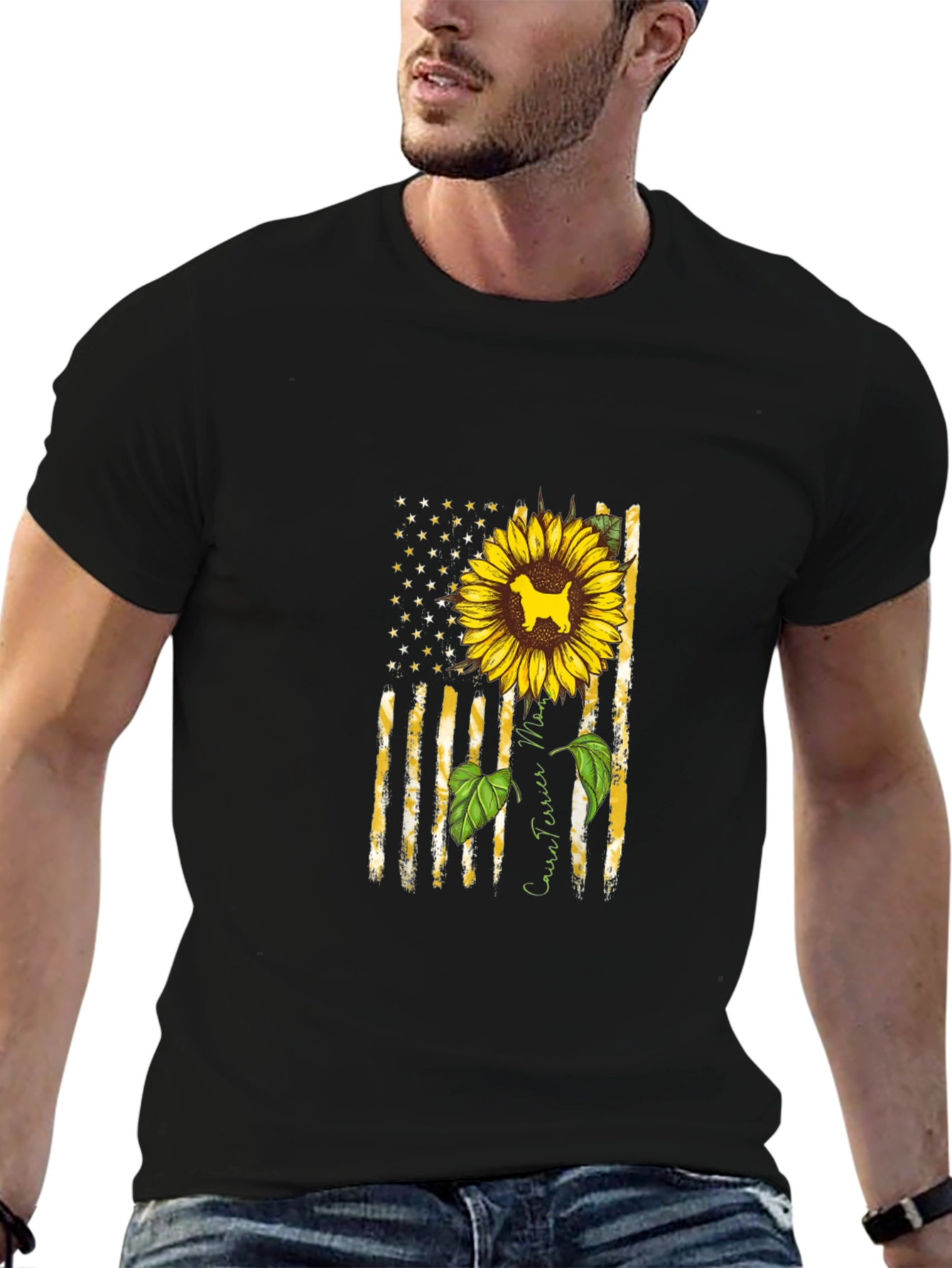 Cairn Terrier Sunflower American Flag T-Shirt