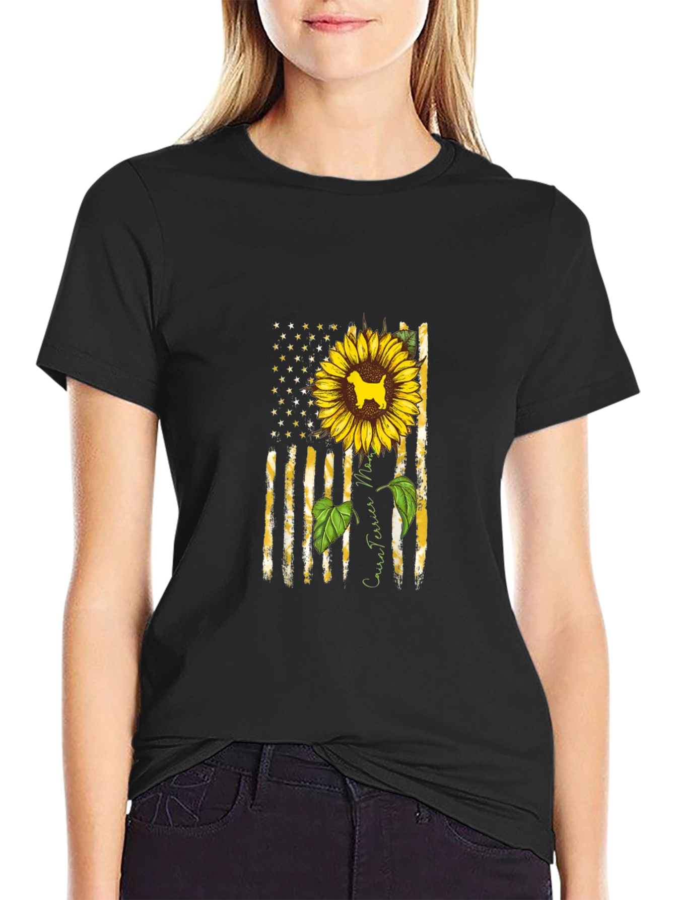 Cairn Terrier Sunflower American Flag T-Shirt