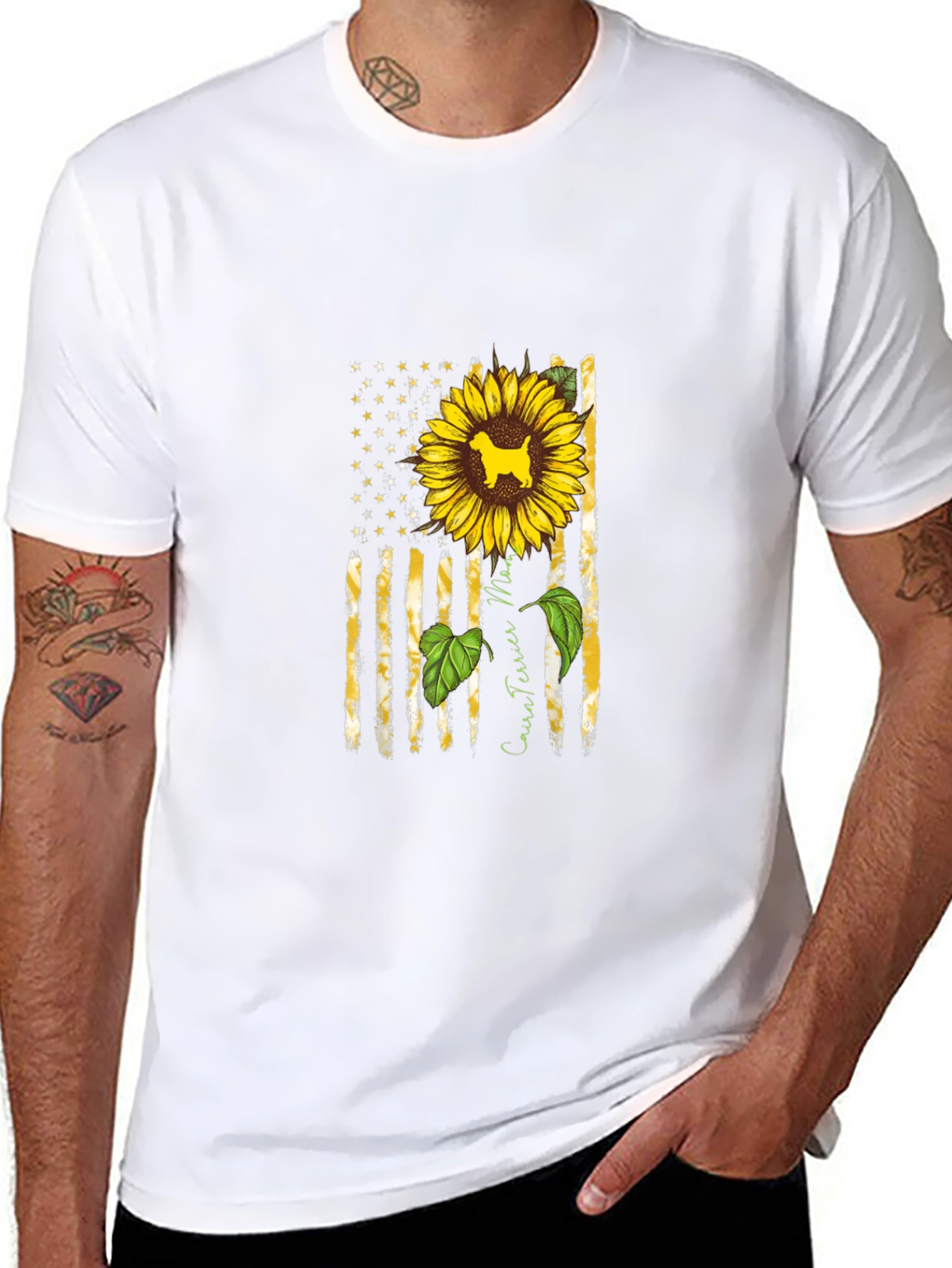 Cairn Terrier Sunflower American Flag T-Shirt