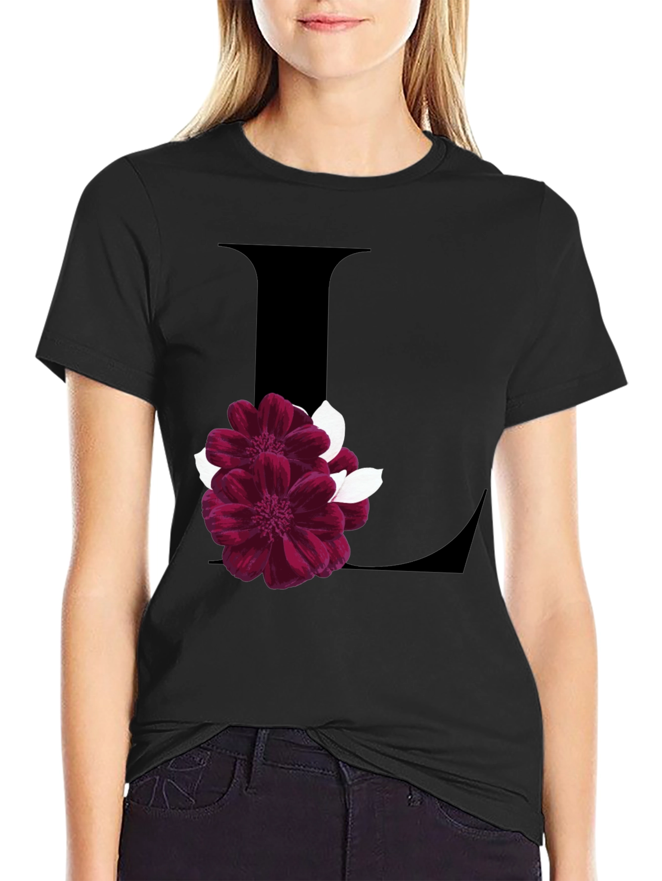 Floral Letter L Black T-Shirt