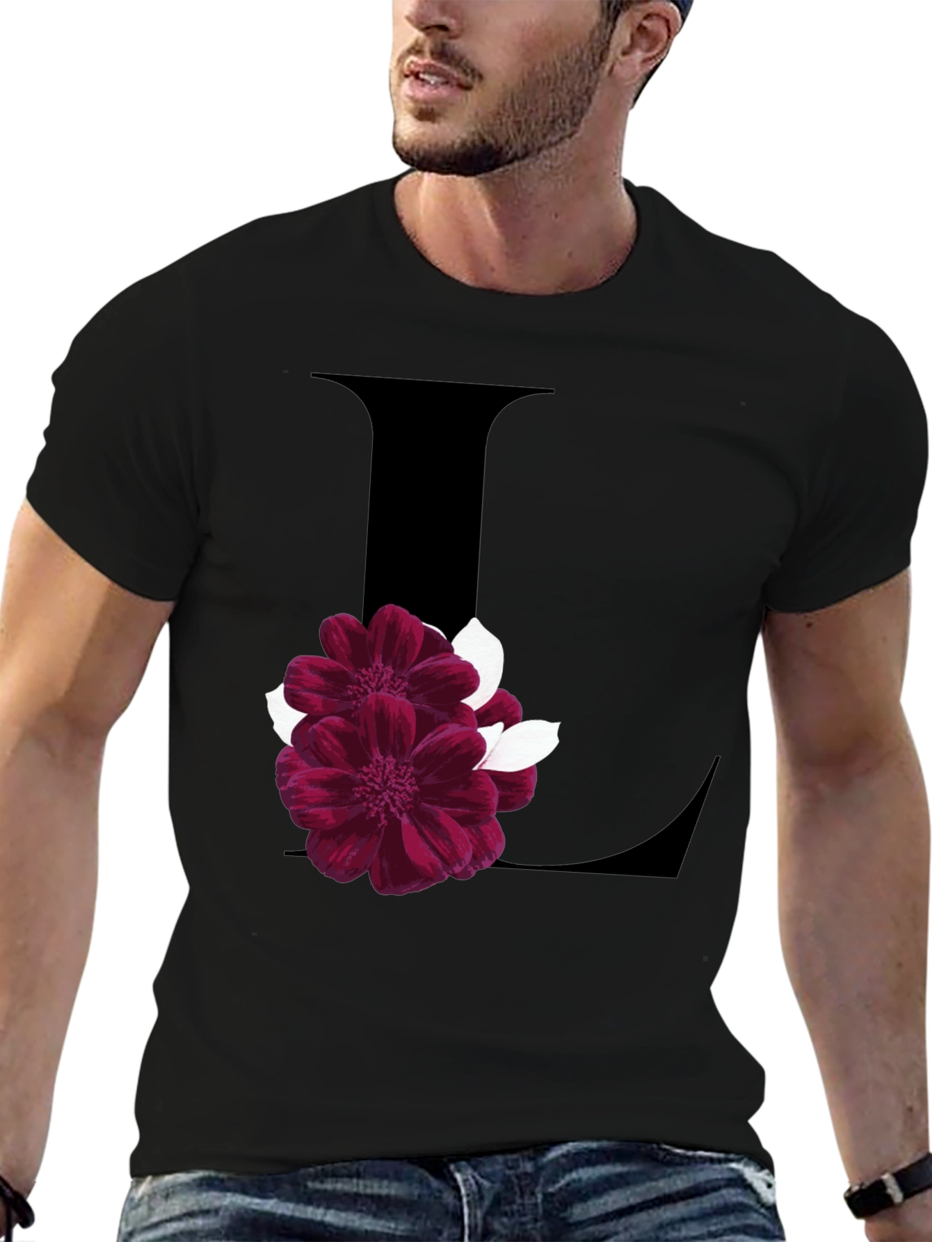Floral Letter L Black T-Shirt