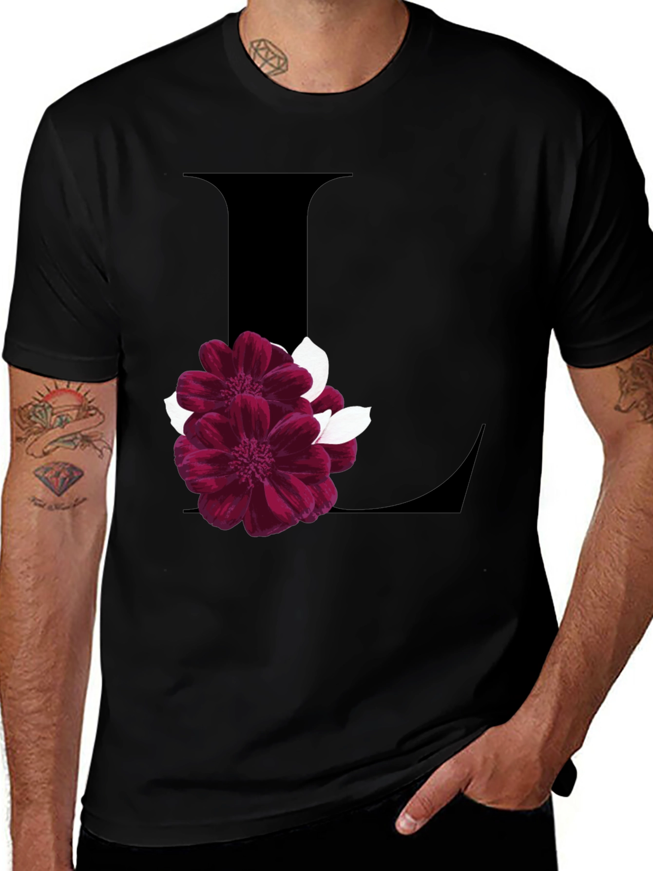 Floral Letter L Black T-Shirt