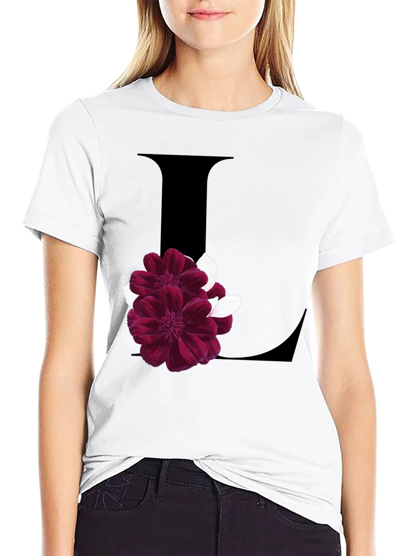 Floral Letter L Black T-Shirt