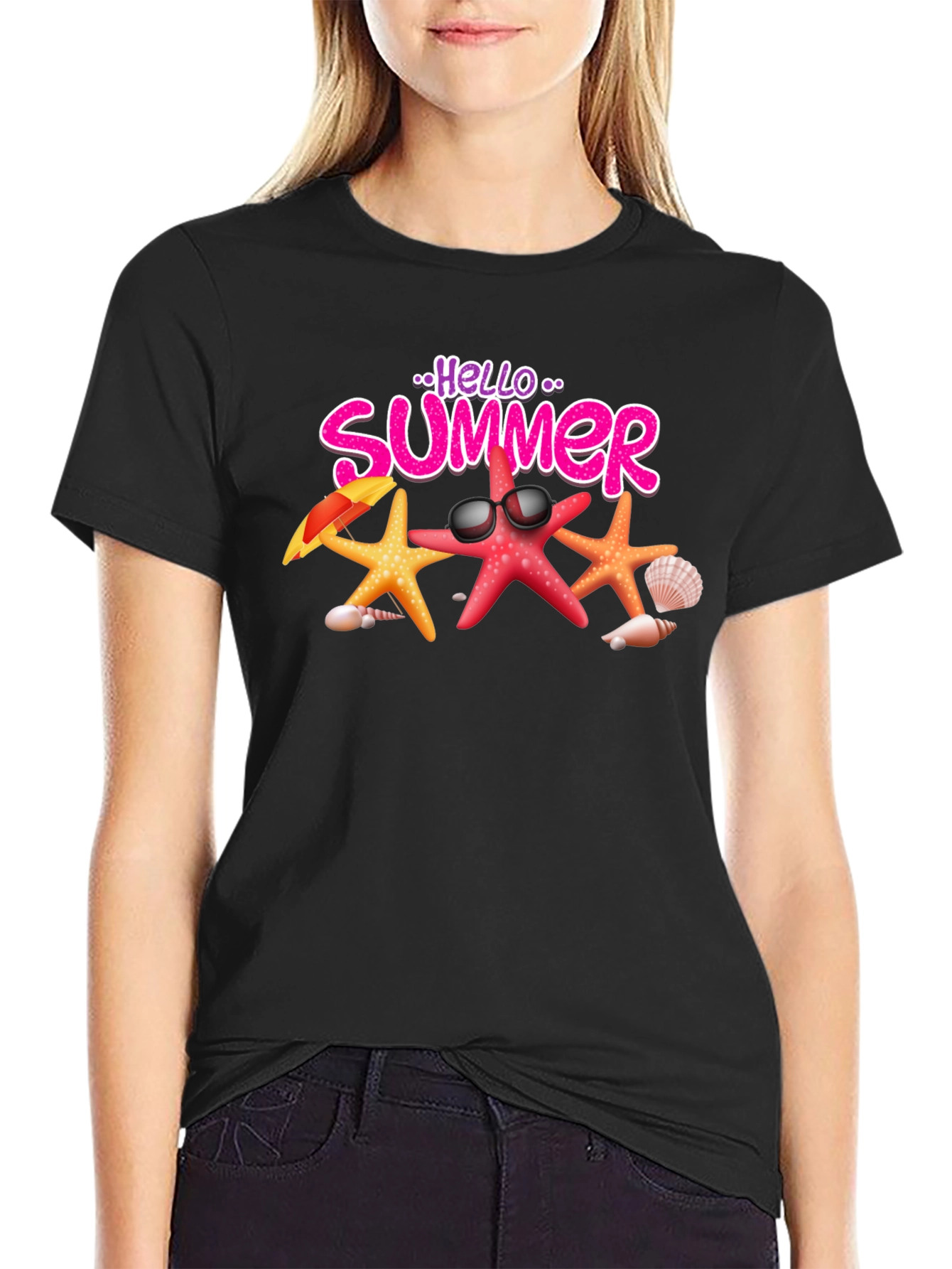Hello Summer Starfish Graphic Tee - Black