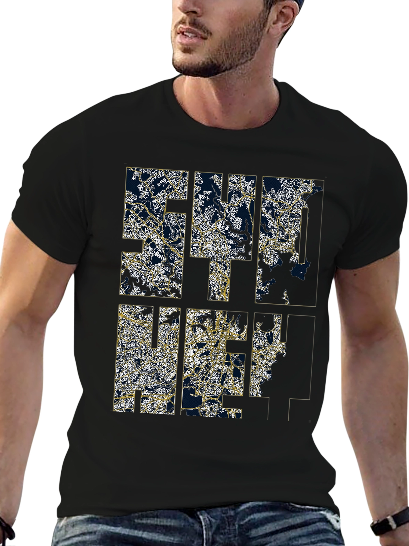Stylish Black Graphic Tee - Cityscape Design