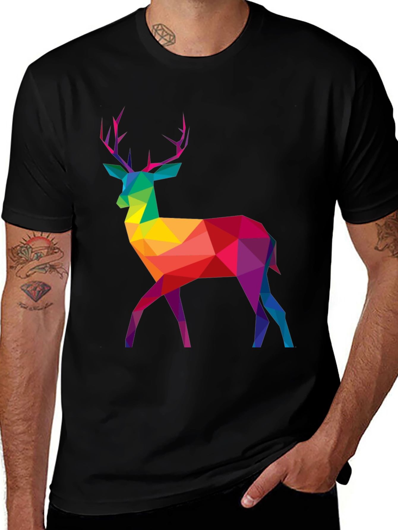 Geometric Rainbow Deer Graphic Tee - Mens Black T-Shirt