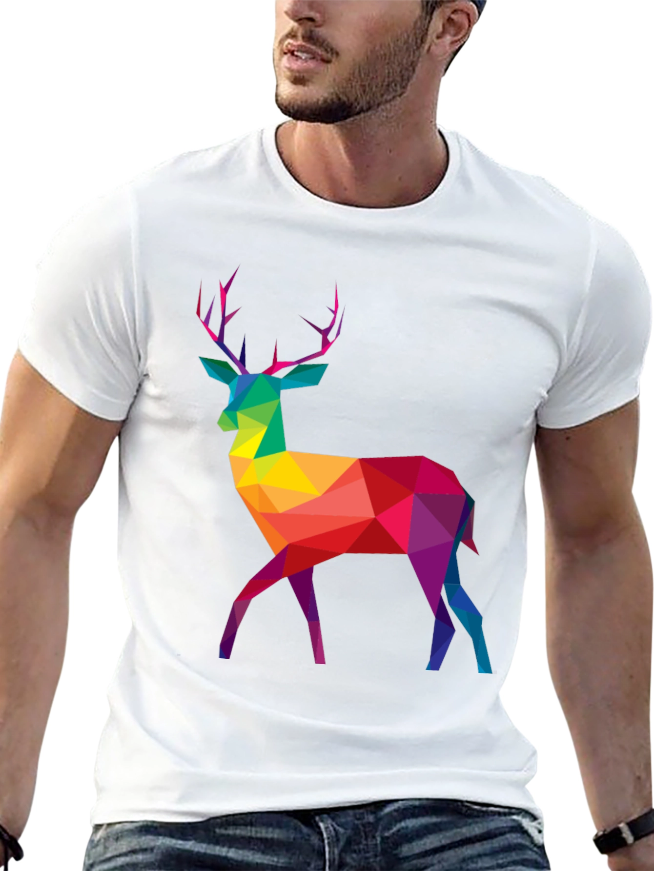 Geometric Rainbow Deer Graphic Tee - Mens Black T-Shirt