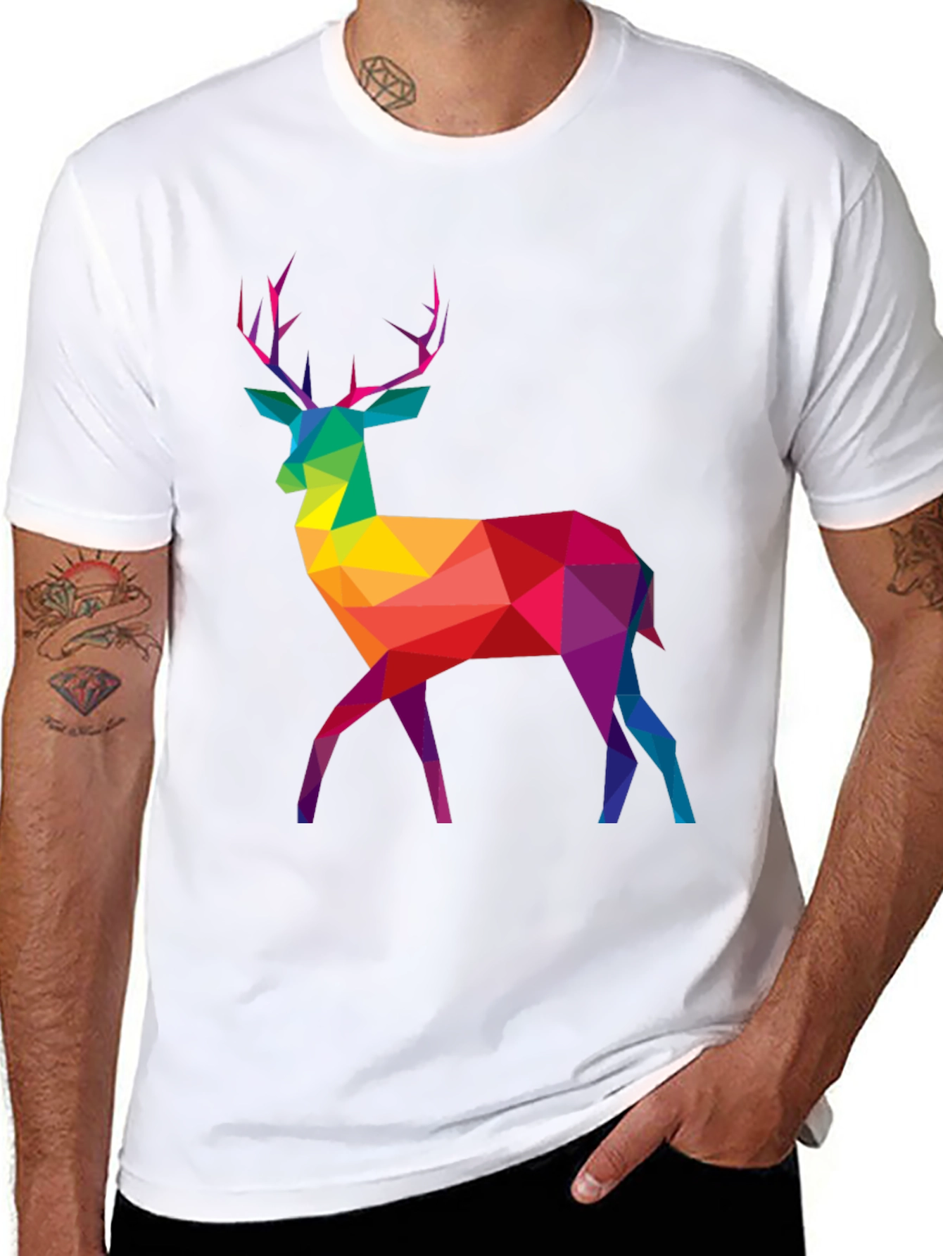 Geometric Rainbow Deer Graphic Tee - Mens Black T-Shirt